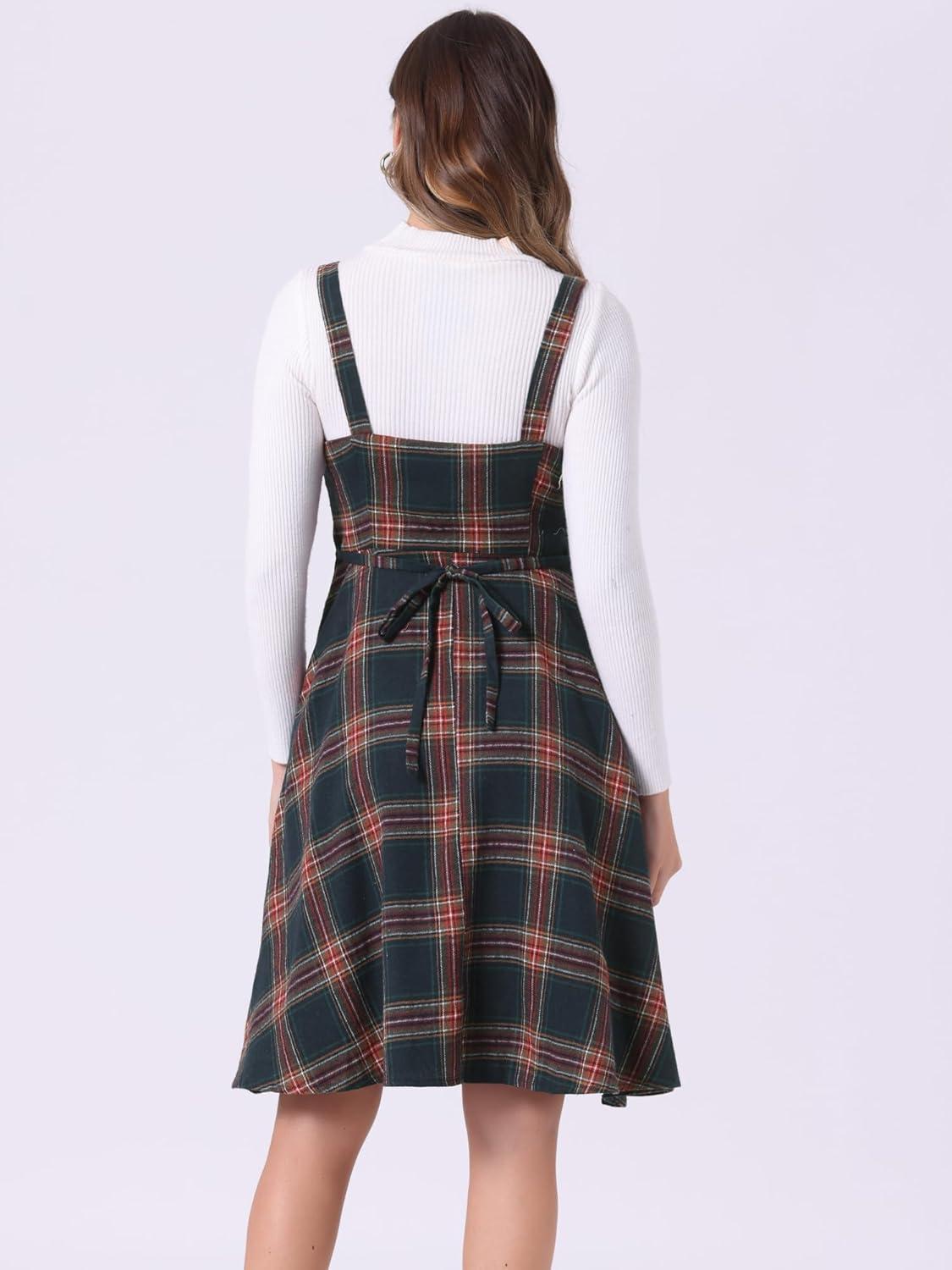imageAllegra K Womens Christmas Plaid Dress Vintage Sleeveless Tie Waist ALine Pinafore Overall DressesNavy Blue Green