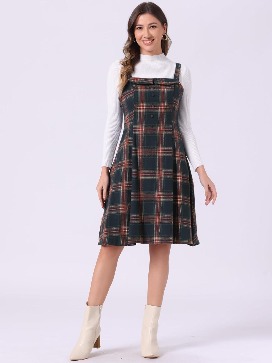 imageAllegra K Womens Christmas Plaid Dress Vintage Sleeveless Tie Waist ALine Pinafore Overall DressesNavy Blue Green