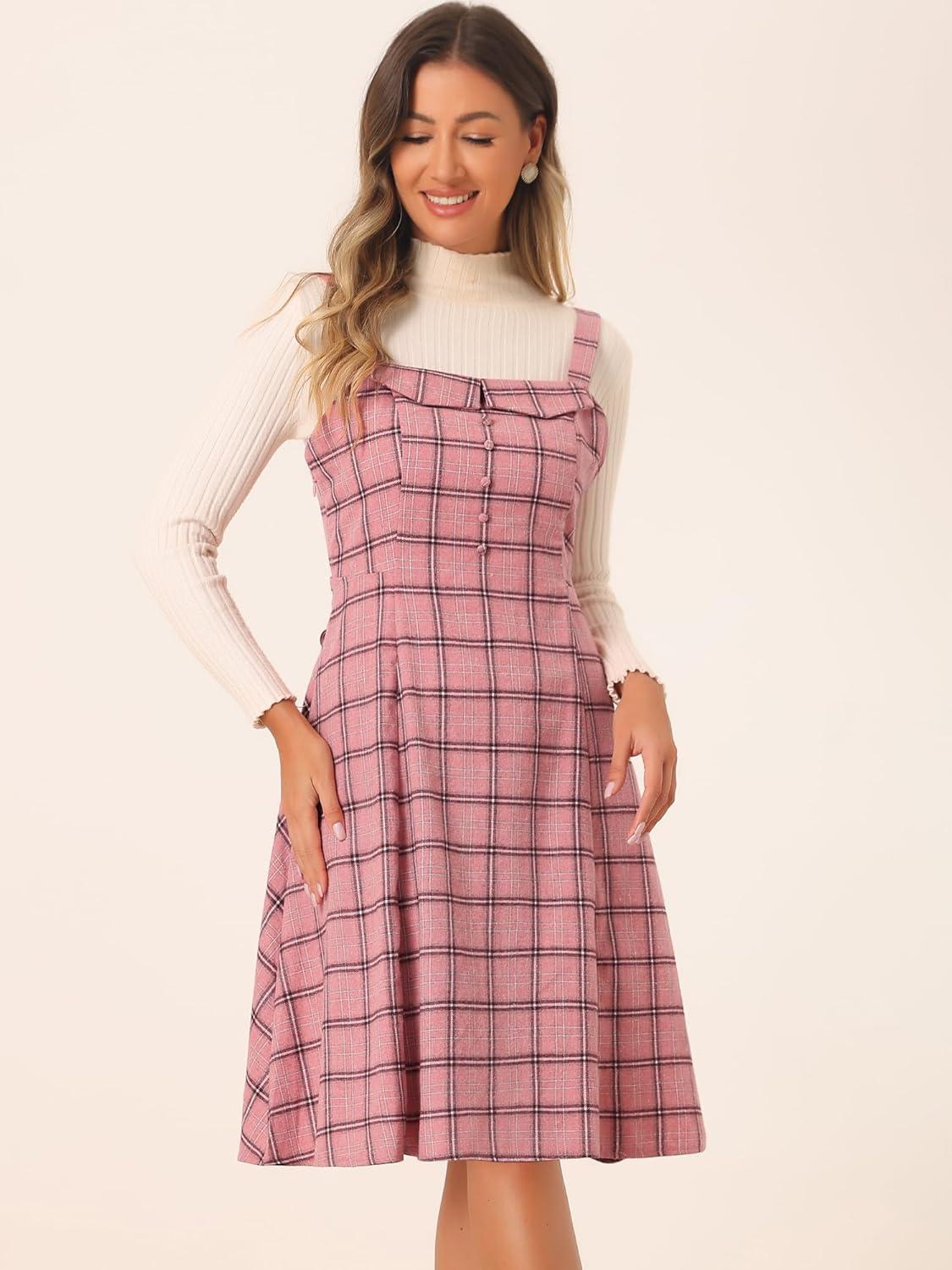 imageAllegra K Womens Christmas Plaid Dress Vintage Sleeveless Tie Waist ALine Pinafore Overall DressesPink