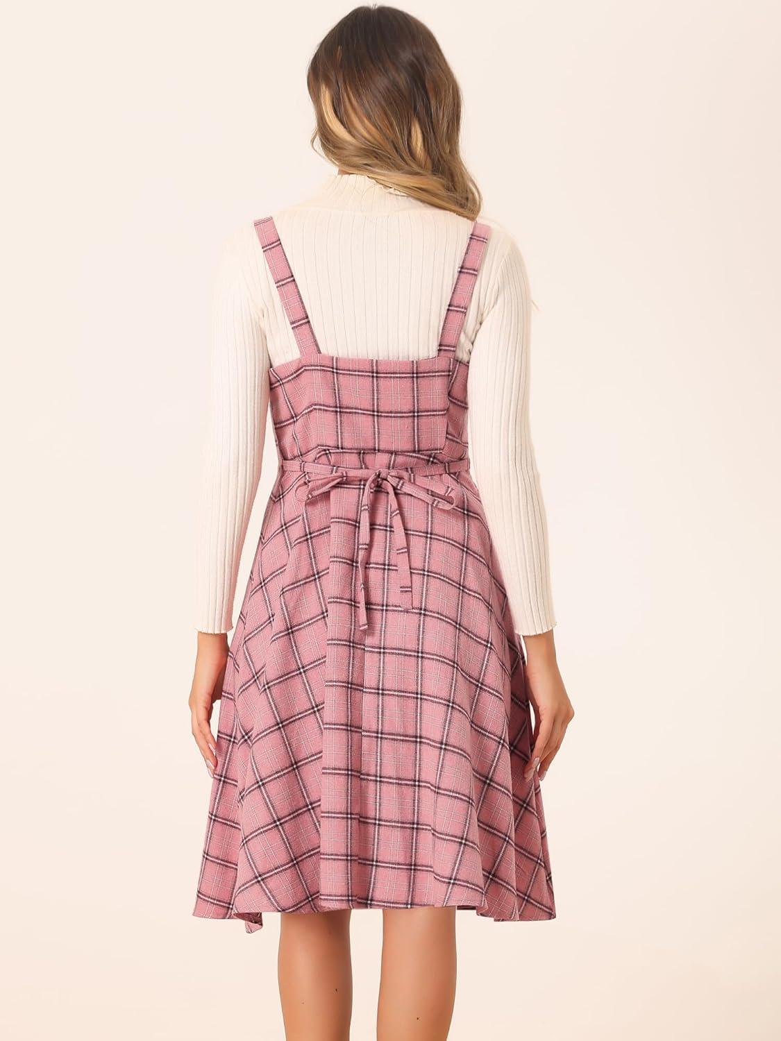 imageAllegra K Womens Christmas Plaid Dress Vintage Sleeveless Tie Waist ALine Pinafore Overall DressesPink