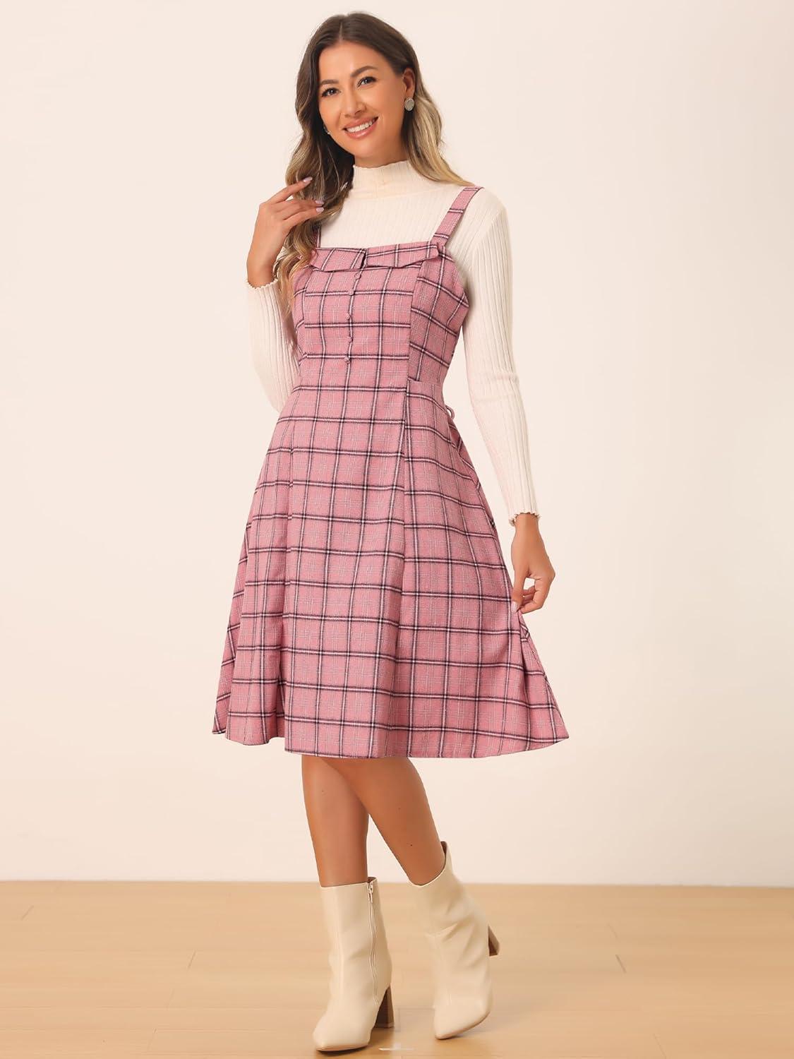 imageAllegra K Womens Christmas Plaid Dress Vintage Sleeveless Tie Waist ALine Pinafore Overall DressesPink