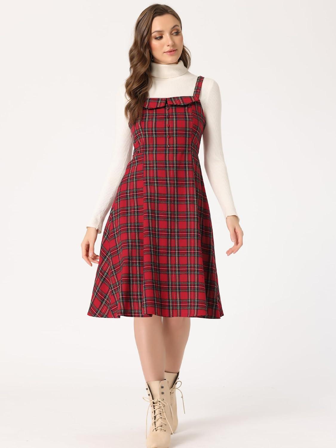 imageAllegra K Womens Christmas Plaid Dress Vintage Sleeveless Tie Waist ALine Pinafore Overall DressesRed