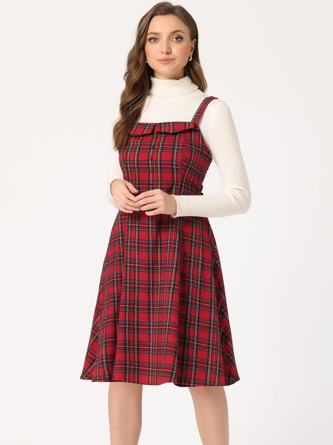 imageAllegra K Womens Christmas Plaid Dress Vintage Sleeveless Tie Waist ALine Pinafore Overall DressesRed