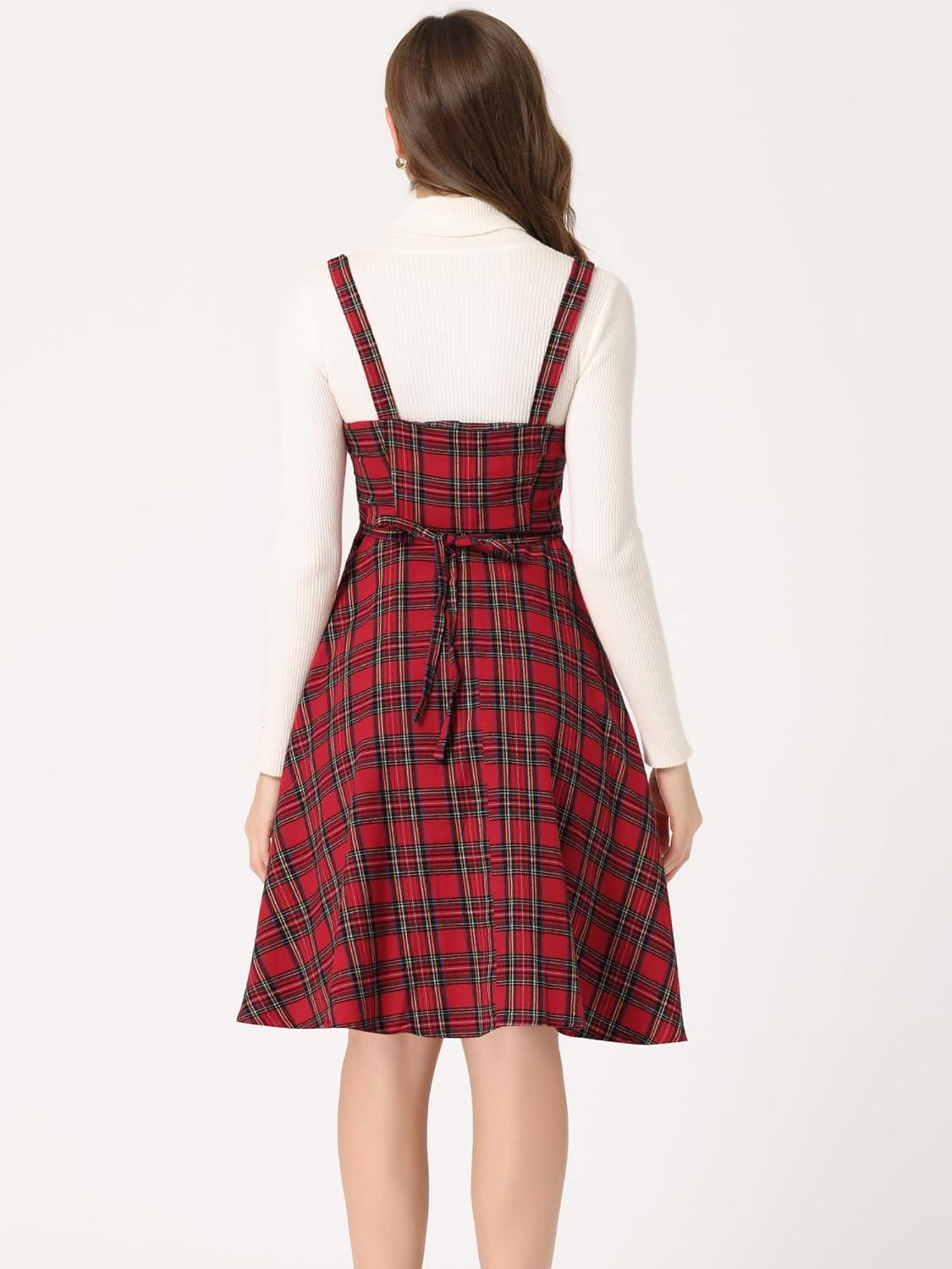 imageAllegra K Womens Christmas Plaid Dress Vintage Sleeveless Tie Waist ALine Pinafore Overall DressesRed