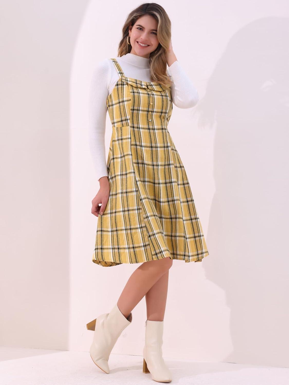 imageAllegra K Womens Christmas Plaid Dress Vintage Sleeveless Tie Waist ALine Pinafore Overall DressesYellow