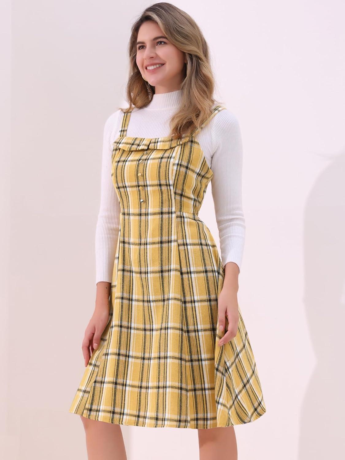 imageAllegra K Womens Christmas Plaid Dress Vintage Sleeveless Tie Waist ALine Pinafore Overall DressesYellow