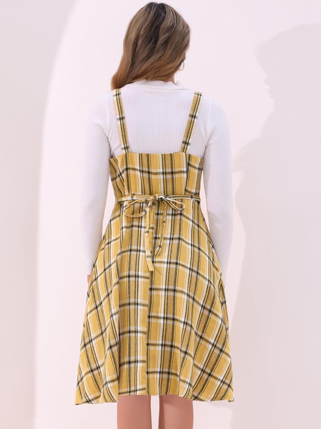 imageAllegra K Womens Christmas Plaid Dress Vintage Sleeveless Tie Waist ALine Pinafore Overall DressesYellow
