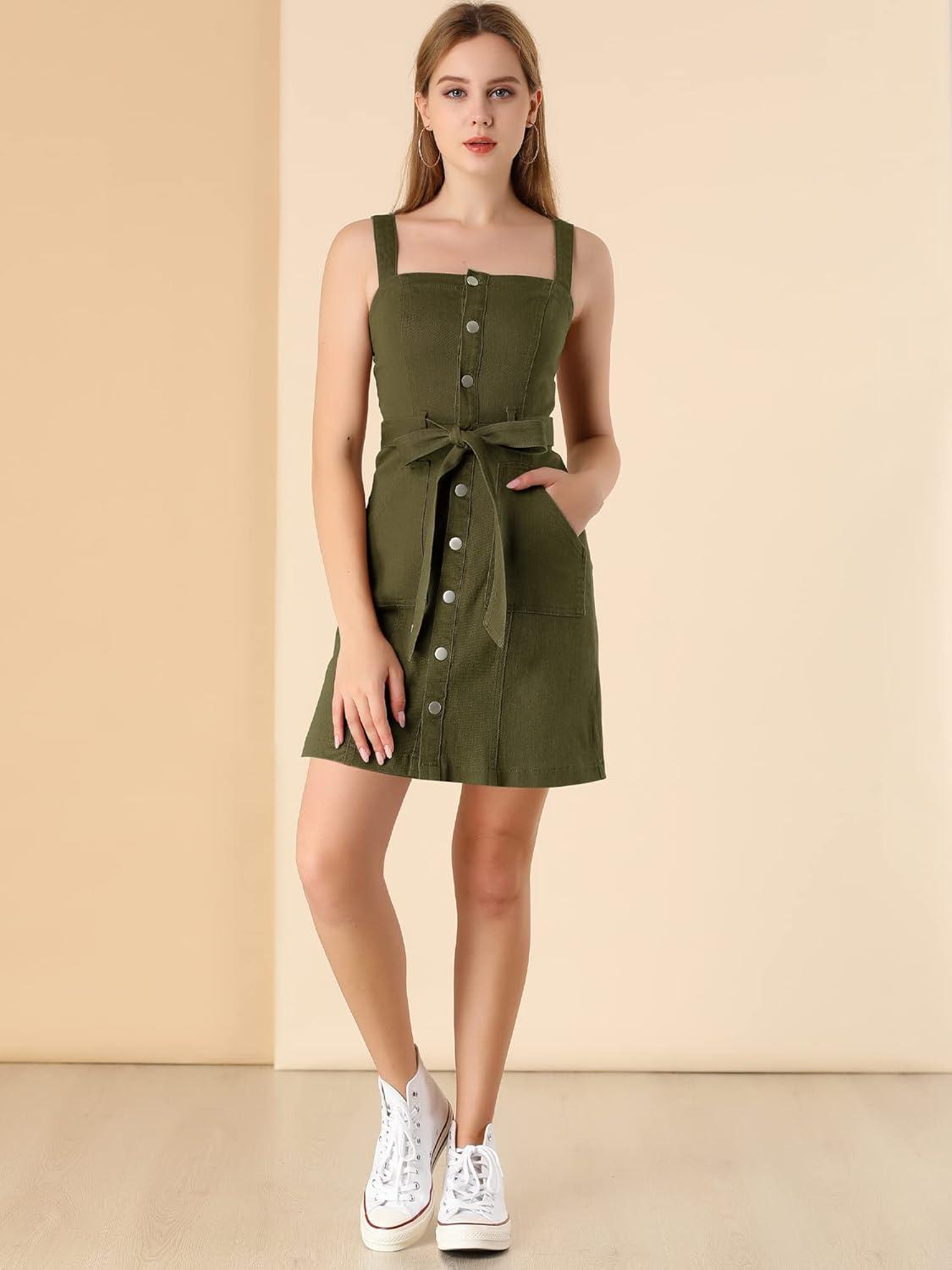 imageAllegra K Womens Classic Overall Dresses Adjustable Strap Pinafore Denim Jean DressArmy Green