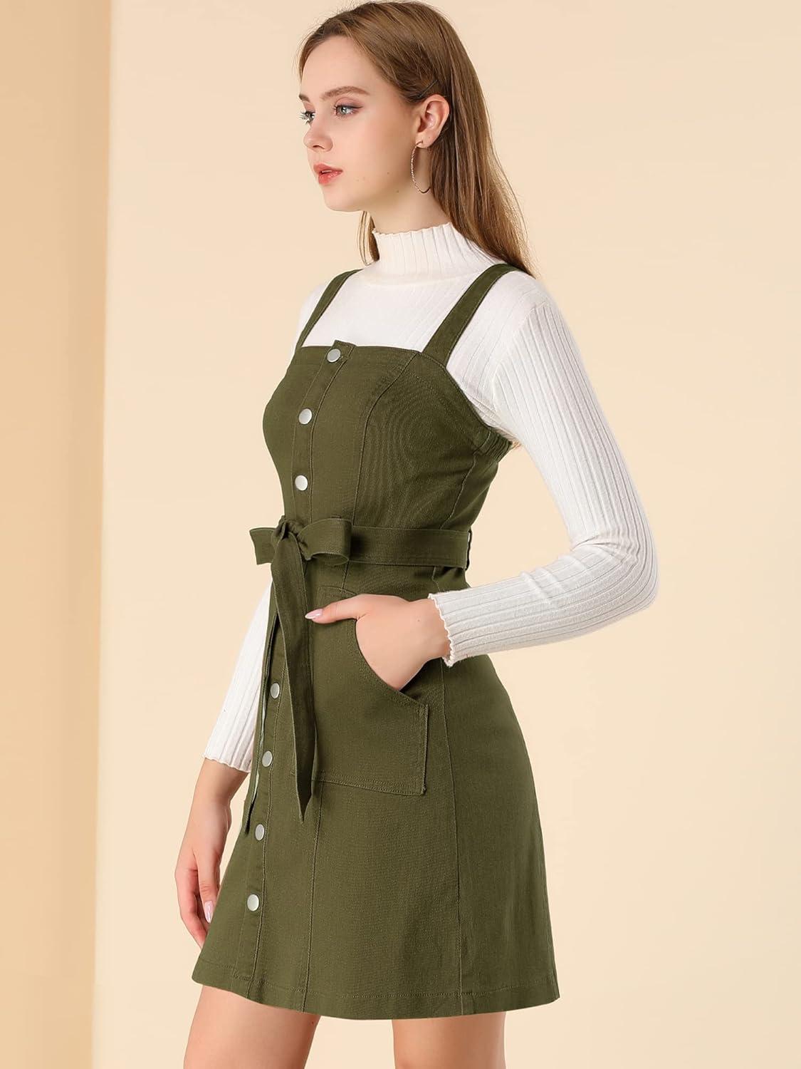 imageAllegra K Womens Classic Overall Dresses Adjustable Strap Pinafore Denim Jean DressArmy Green