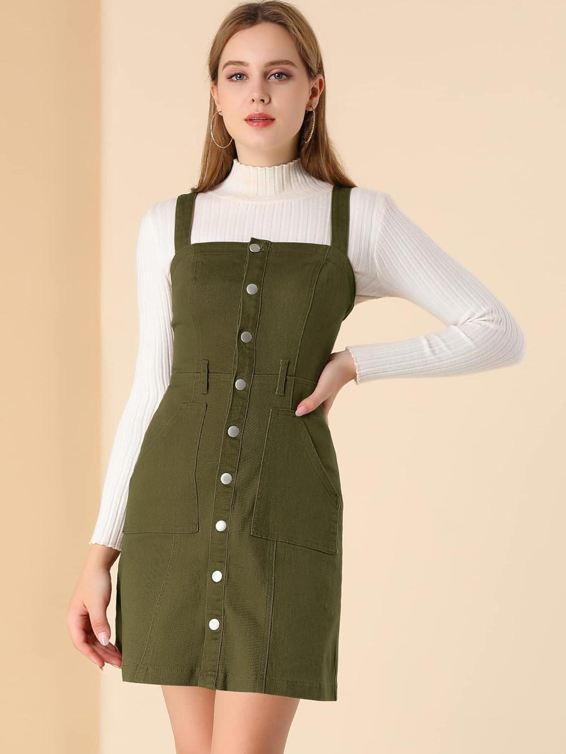 imageAllegra K Womens Classic Overall Dresses Adjustable Strap Pinafore Denim Jean DressArmy Green