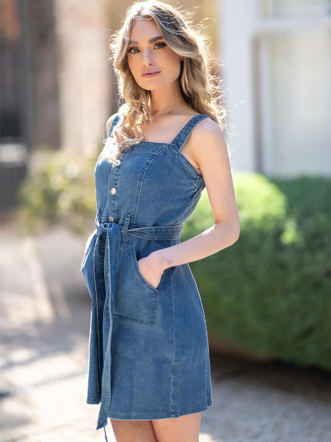 imageAllegra K Womens Classic Overall Dresses Adjustable Strap Pinafore Denim Jean DressBlue