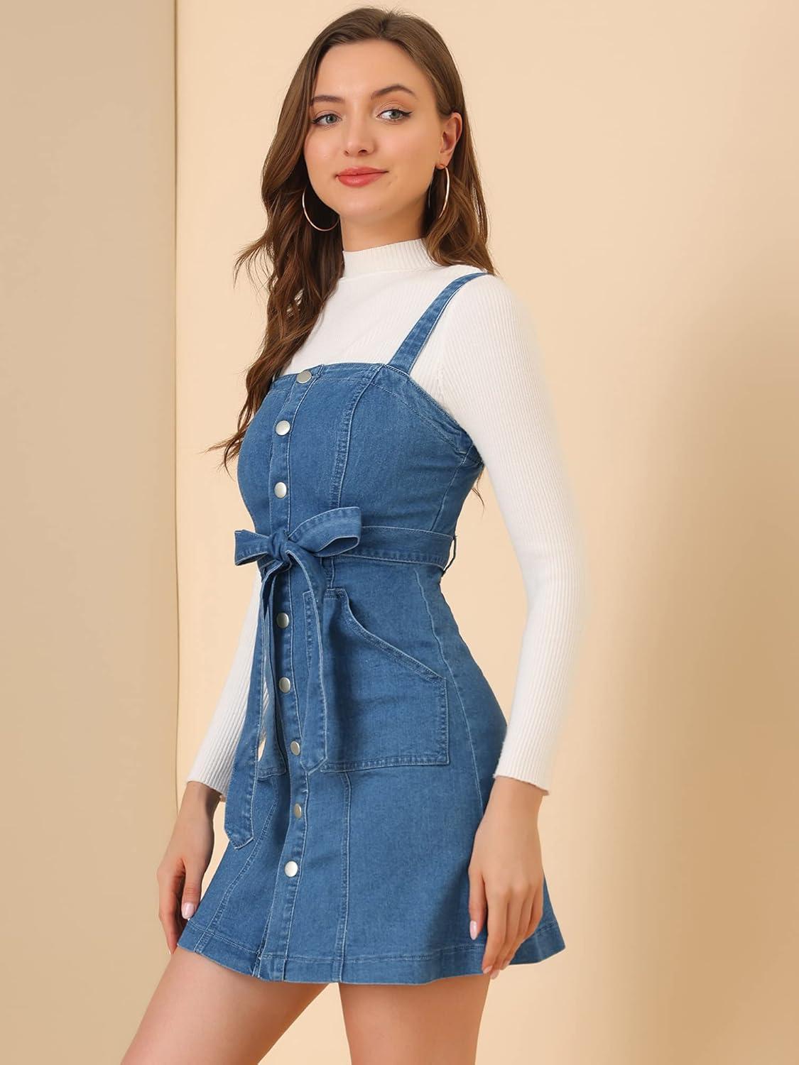 imageAllegra K Womens Classic Overall Dresses Adjustable Strap Pinafore Denim Jean DressBlue