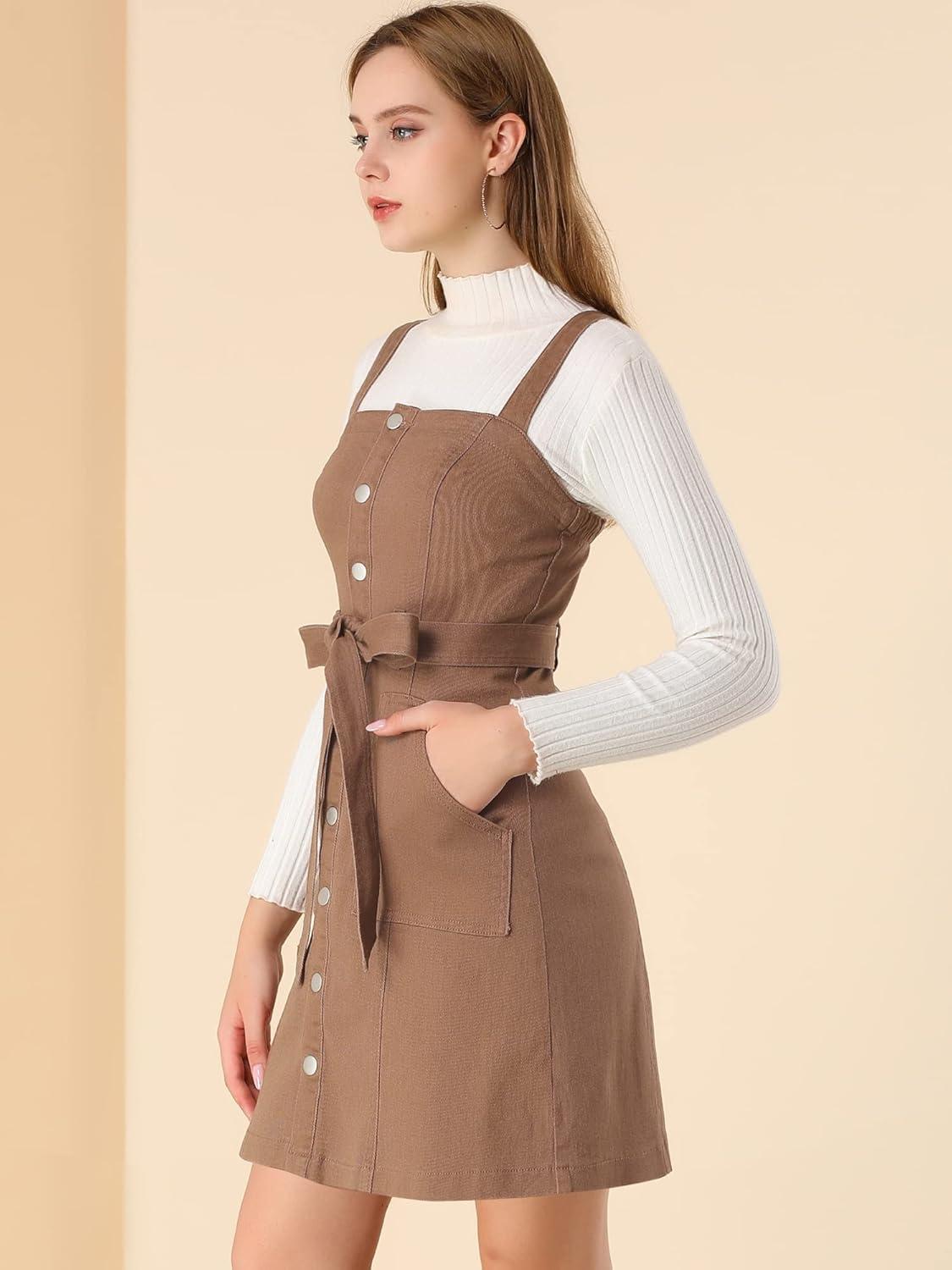 imageAllegra K Womens Classic Overall Dresses Adjustable Strap Pinafore Denim Jean DressBrown