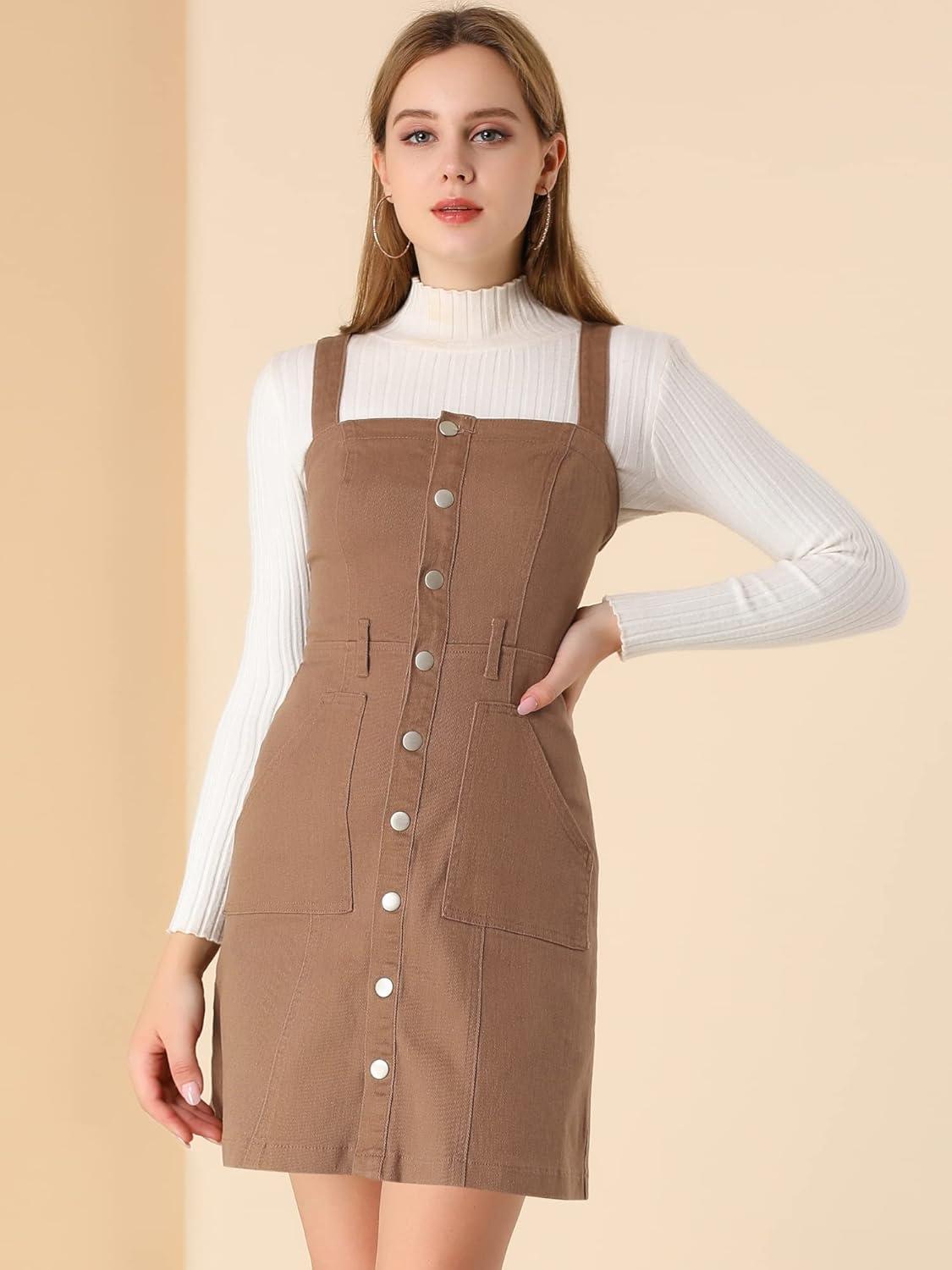 imageAllegra K Womens Classic Overall Dresses Adjustable Strap Pinafore Denim Jean DressBrown