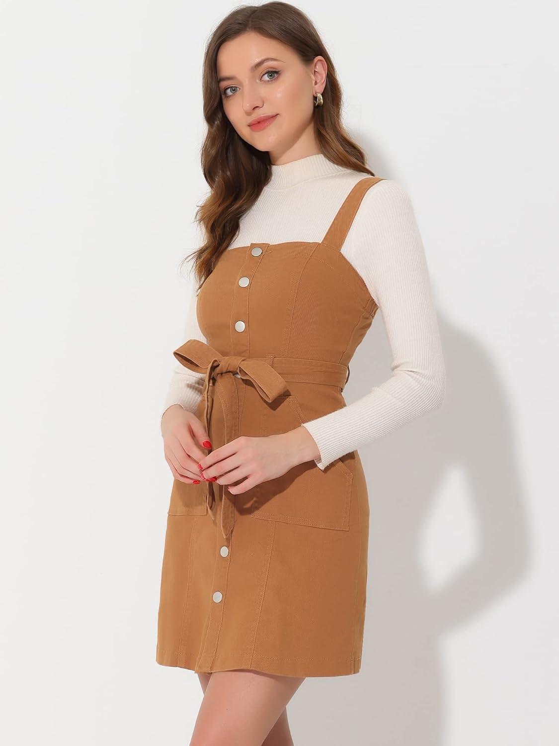 imageAllegra K Womens Classic Overall Dresses Adjustable Strap Pinafore Denim Jean DressCaramel