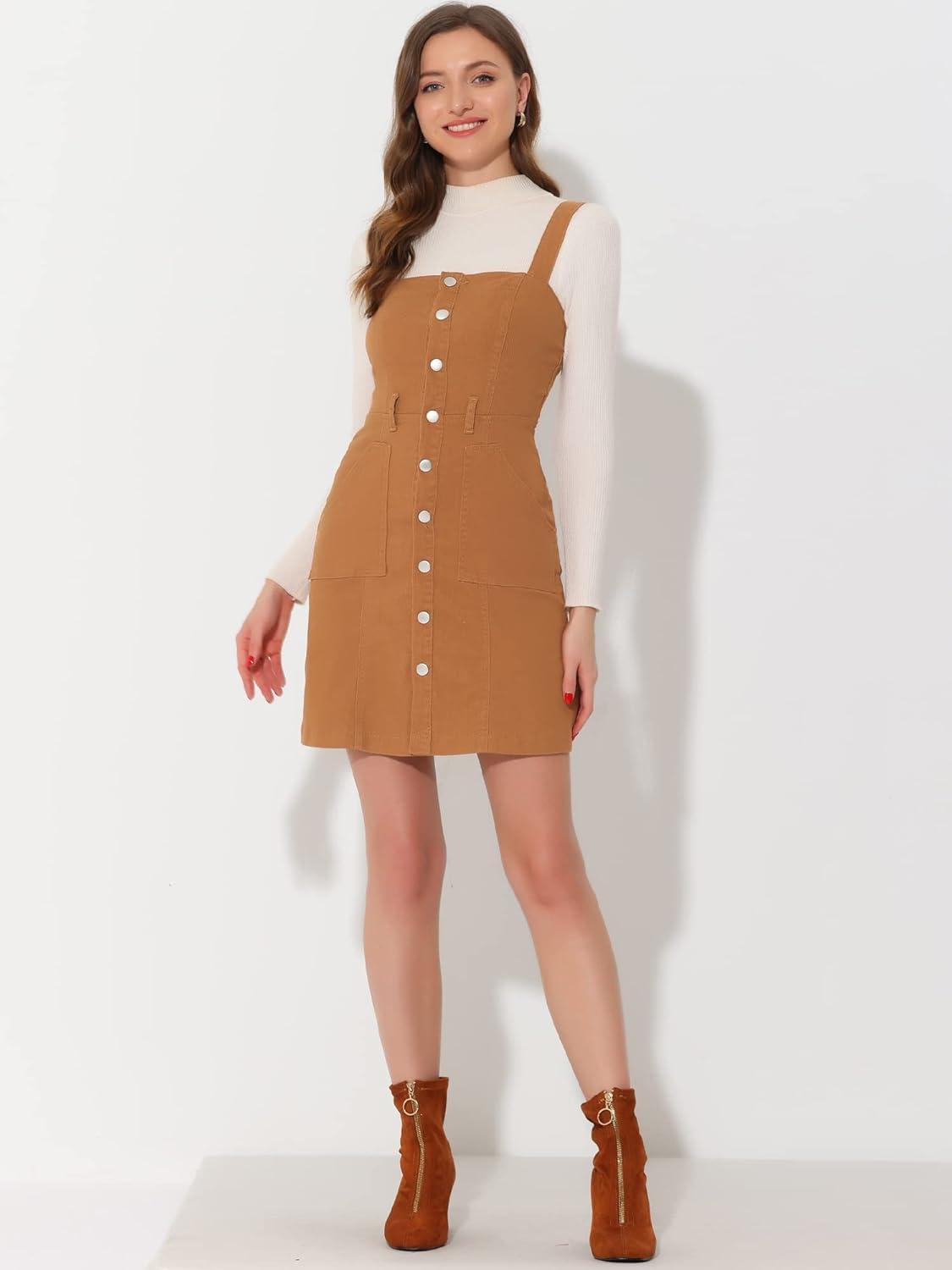 imageAllegra K Womens Classic Overall Dresses Adjustable Strap Pinafore Denim Jean DressCaramel
