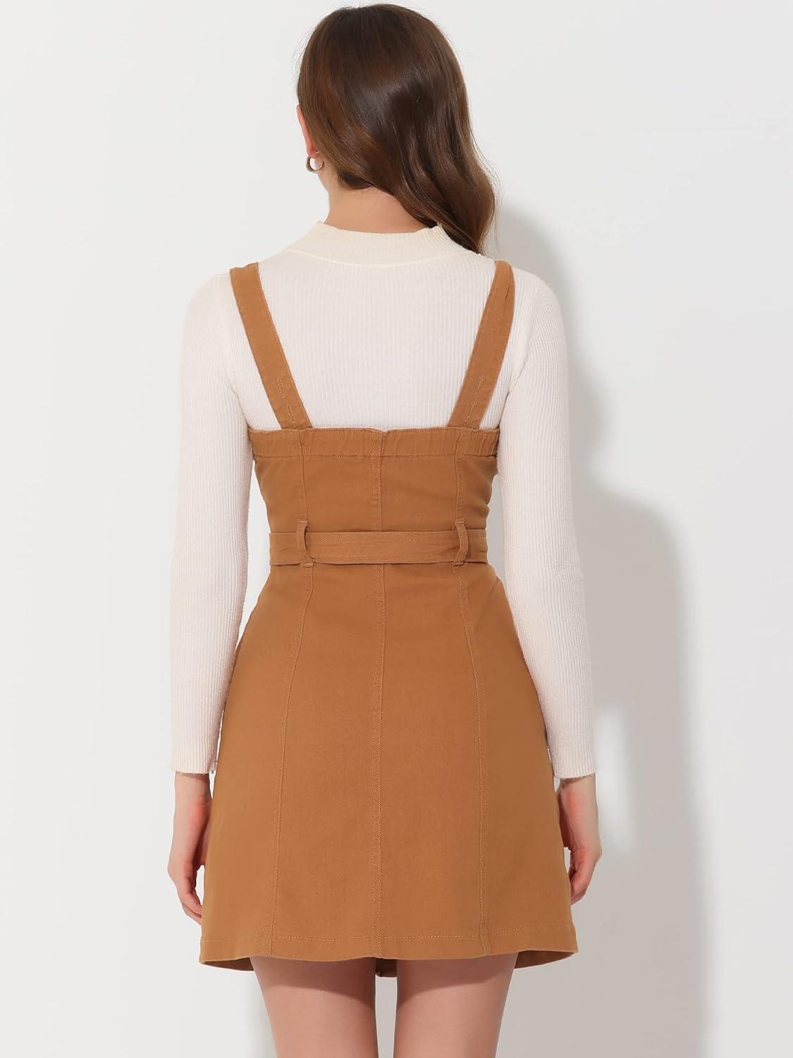 imageAllegra K Womens Classic Overall Dresses Adjustable Strap Pinafore Denim Jean DressCaramel