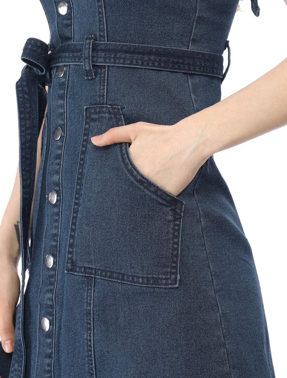 imageAllegra K Womens Classic Overall Dresses Adjustable Strap Pinafore Denim Jean DressDark Blue