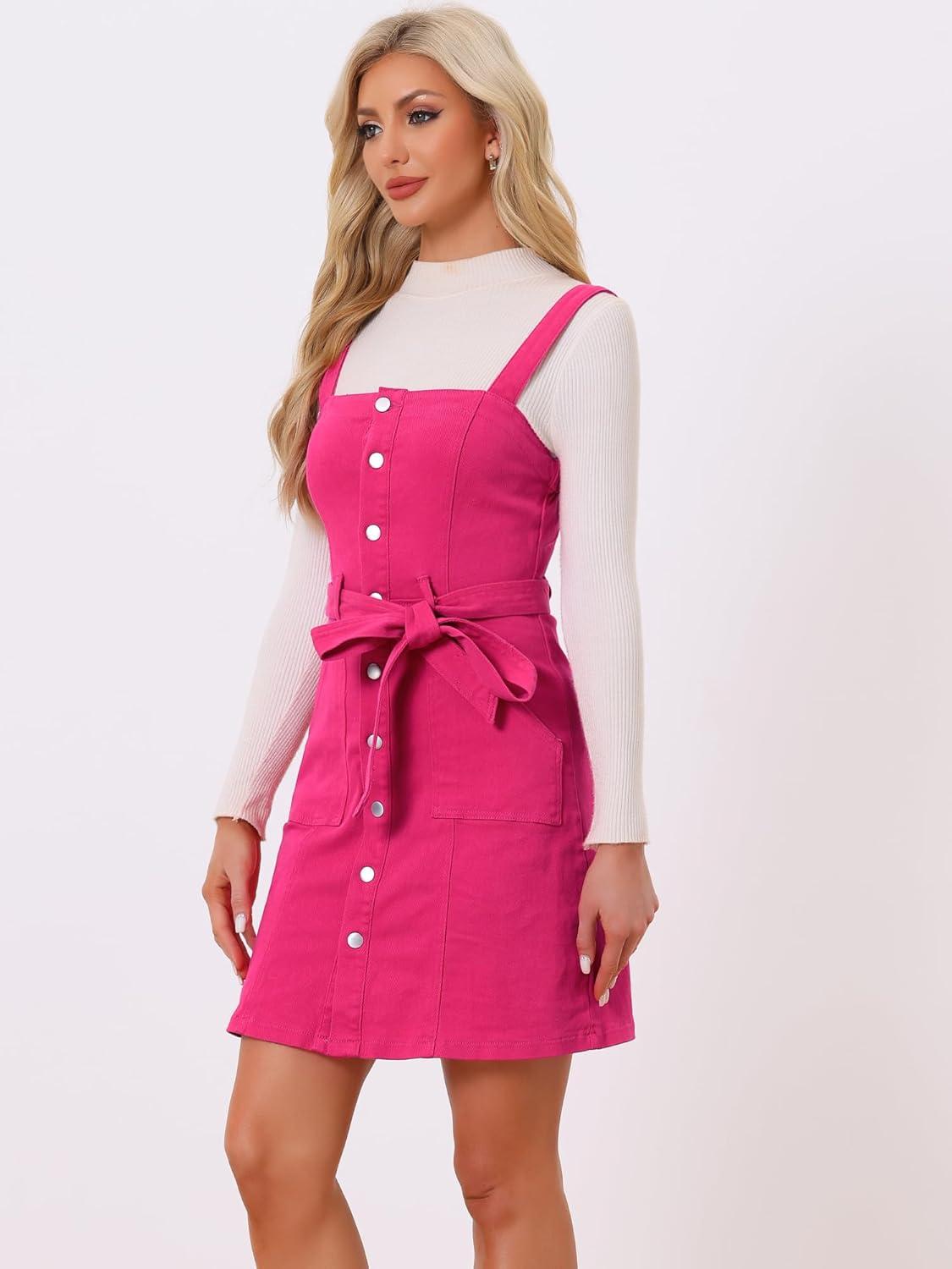 imageAllegra K Womens Classic Overall Dresses Adjustable Strap Pinafore Denim Jean DressHot Pink