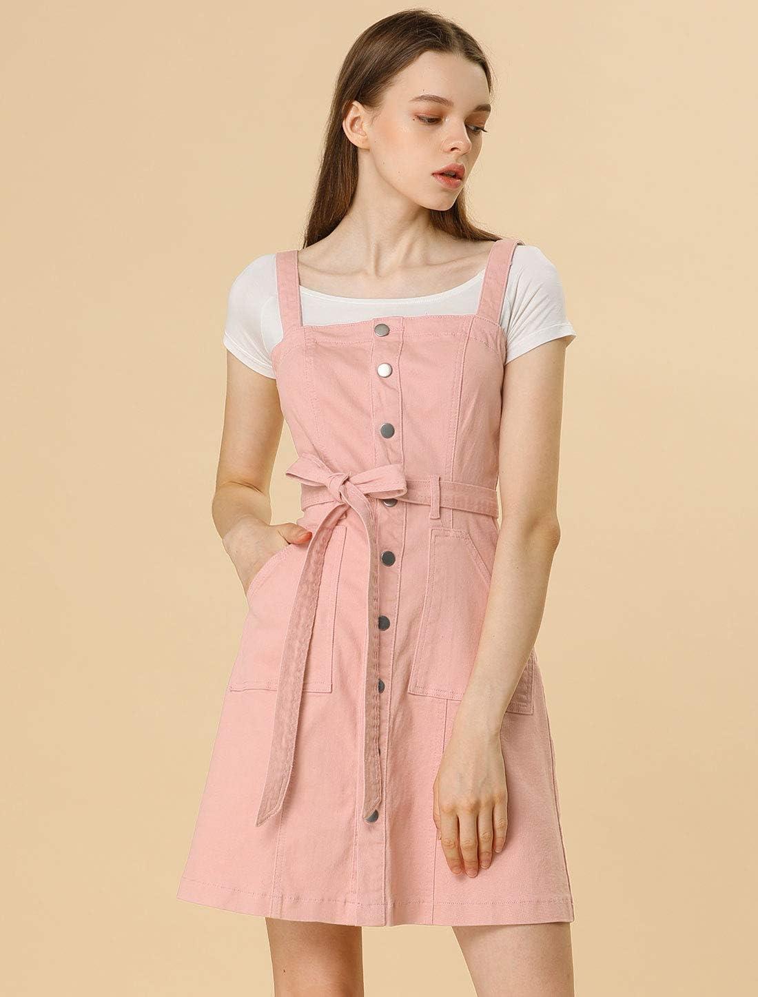 imageAllegra K Womens Classic Overall Dresses Adjustable Strap Pinafore Denim Jean DressPink