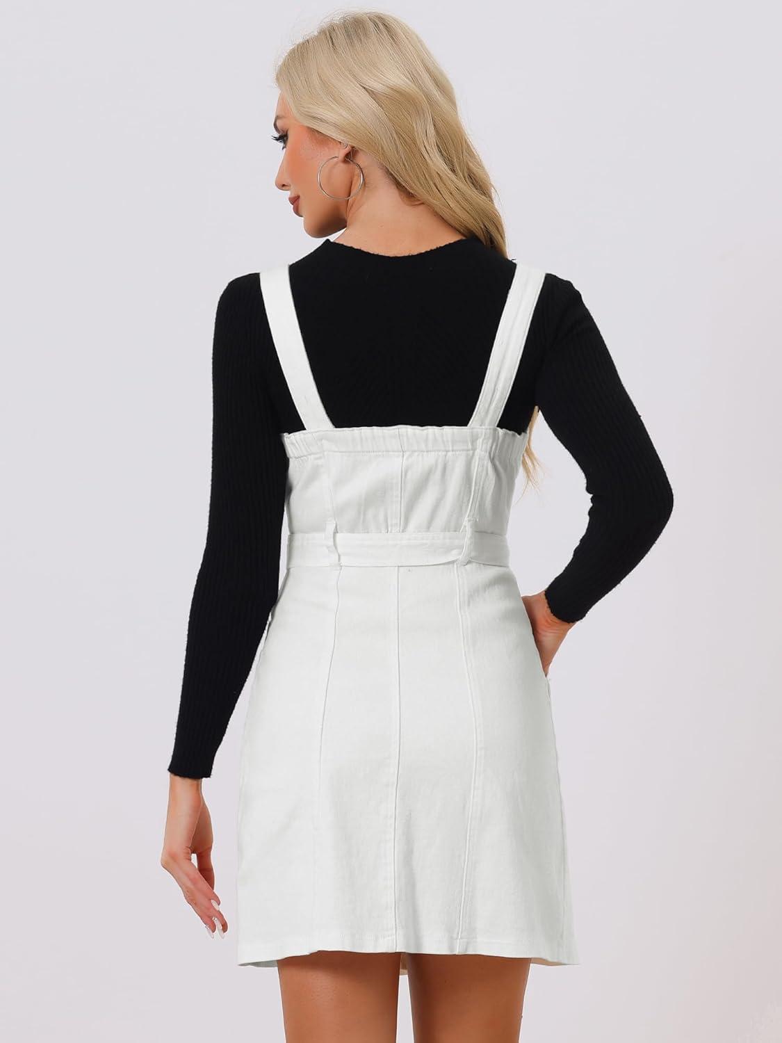 imageAllegra K Womens Classic Overall Dresses Adjustable Strap Pinafore Denim Jean DressWhite
