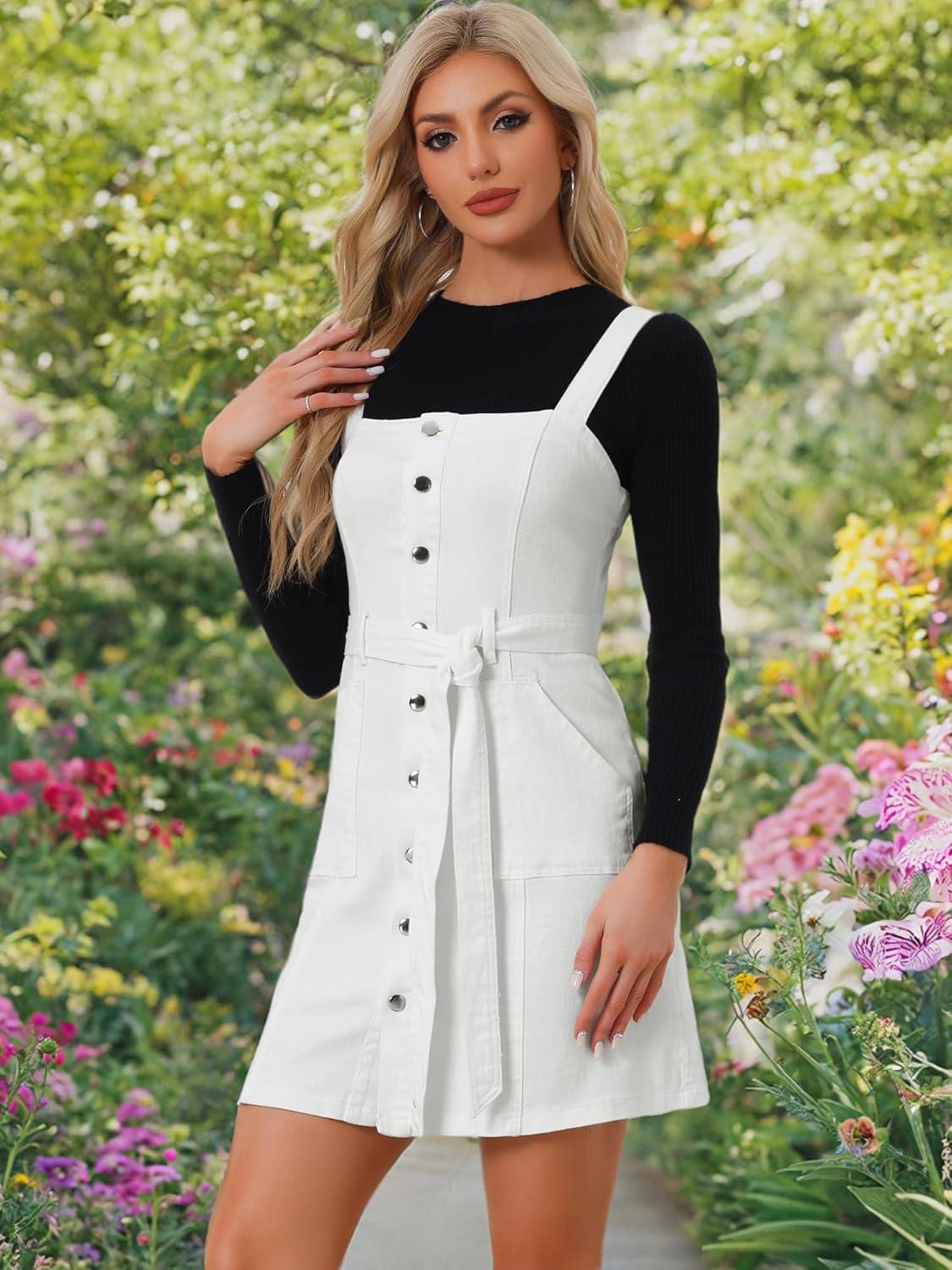 imageAllegra K Womens Classic Overall Dresses Adjustable Strap Pinafore Denim Jean DressWhite