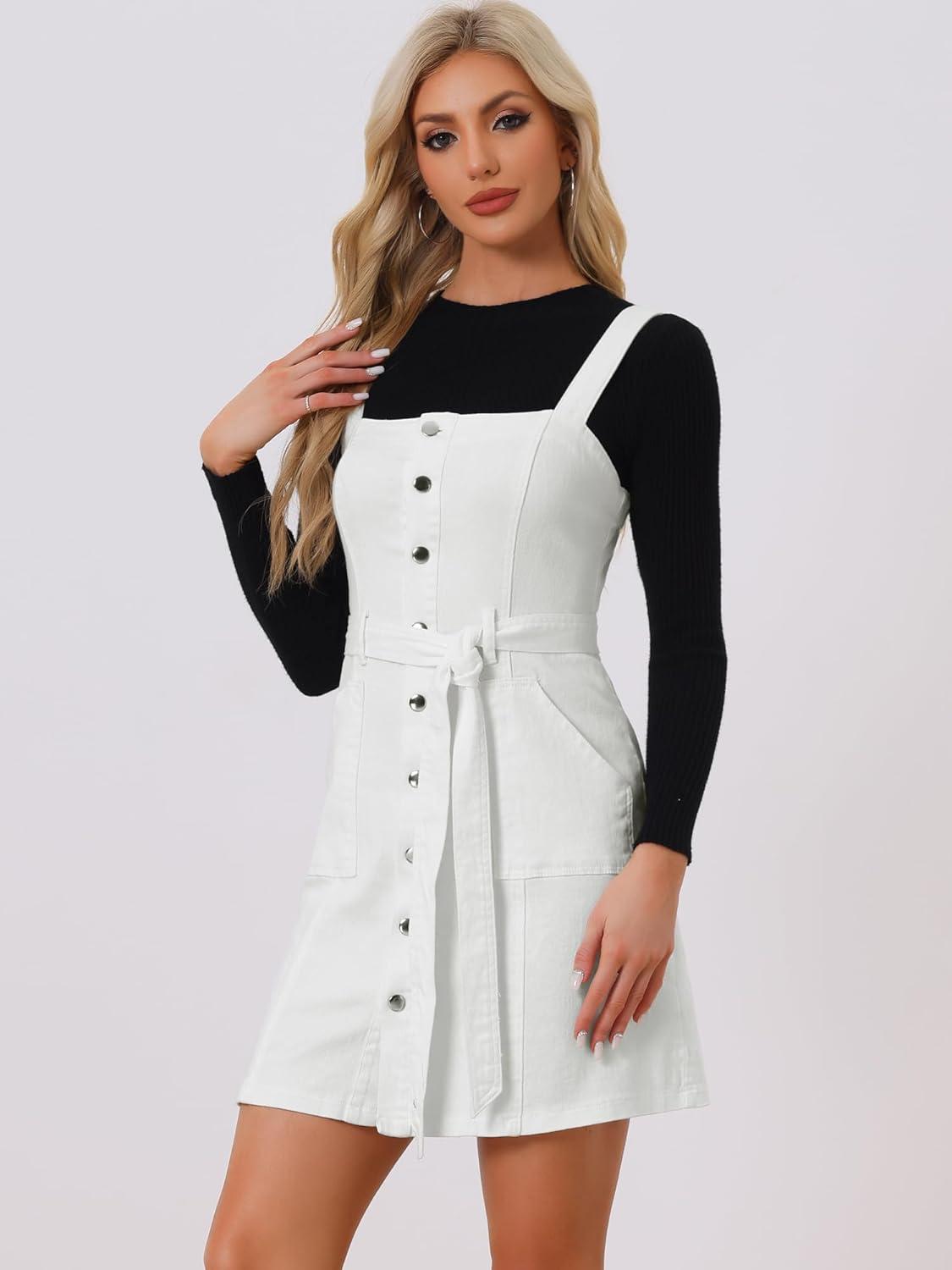 imageAllegra K Womens Classic Overall Dresses Adjustable Strap Pinafore Denim Jean DressWhite