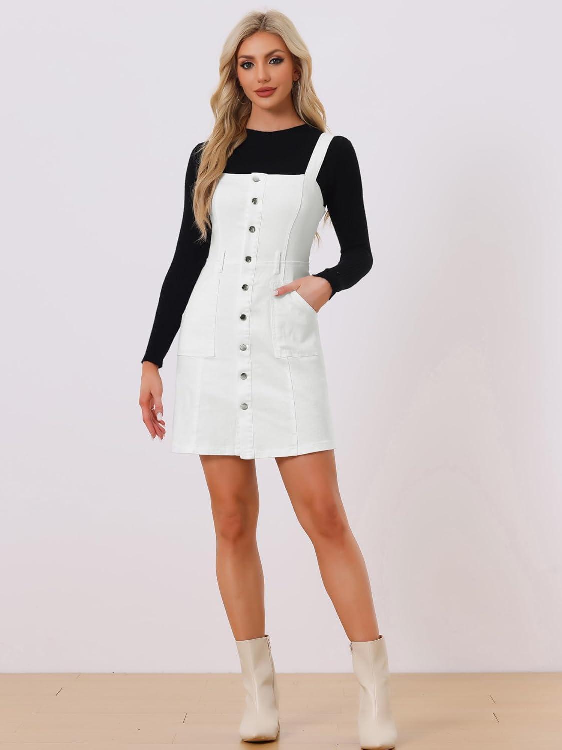 imageAllegra K Womens Classic Overall Dresses Adjustable Strap Pinafore Denim Jean DressWhite