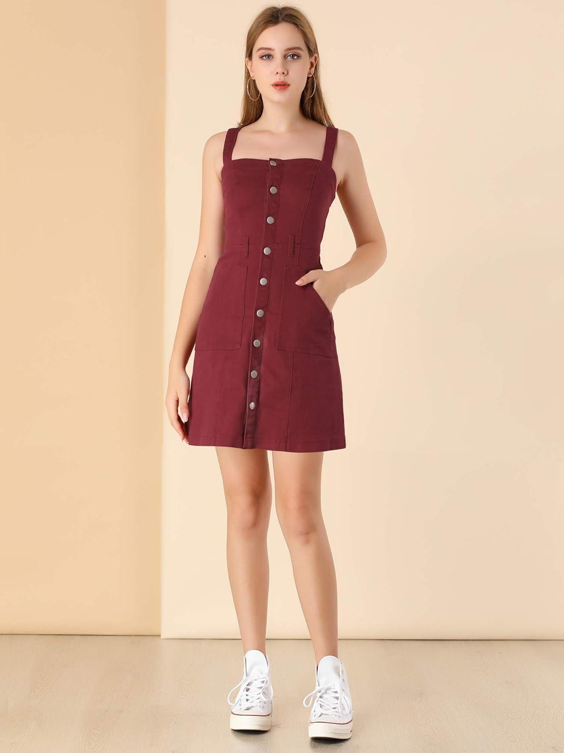imageAllegra K Womens Classic Overall Dresses Adjustable Strap Pinafore Denim Jean DressWine Red