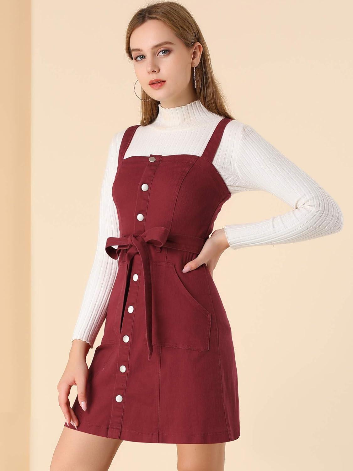 imageAllegra K Womens Classic Overall Dresses Adjustable Strap Pinafore Denim Jean DressWine Red