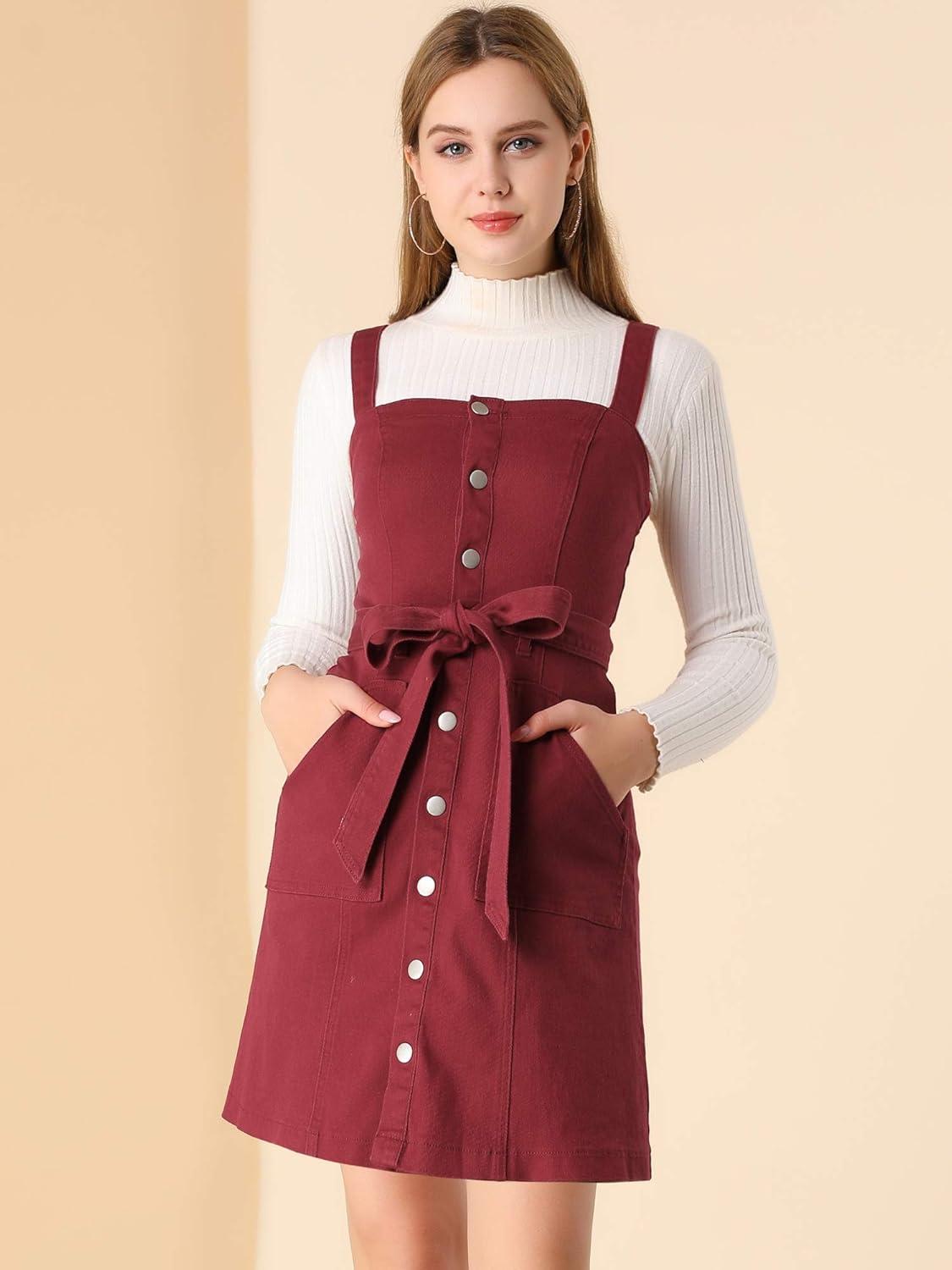 imageAllegra K Womens Classic Overall Dresses Adjustable Strap Pinafore Denim Jean DressWine Red