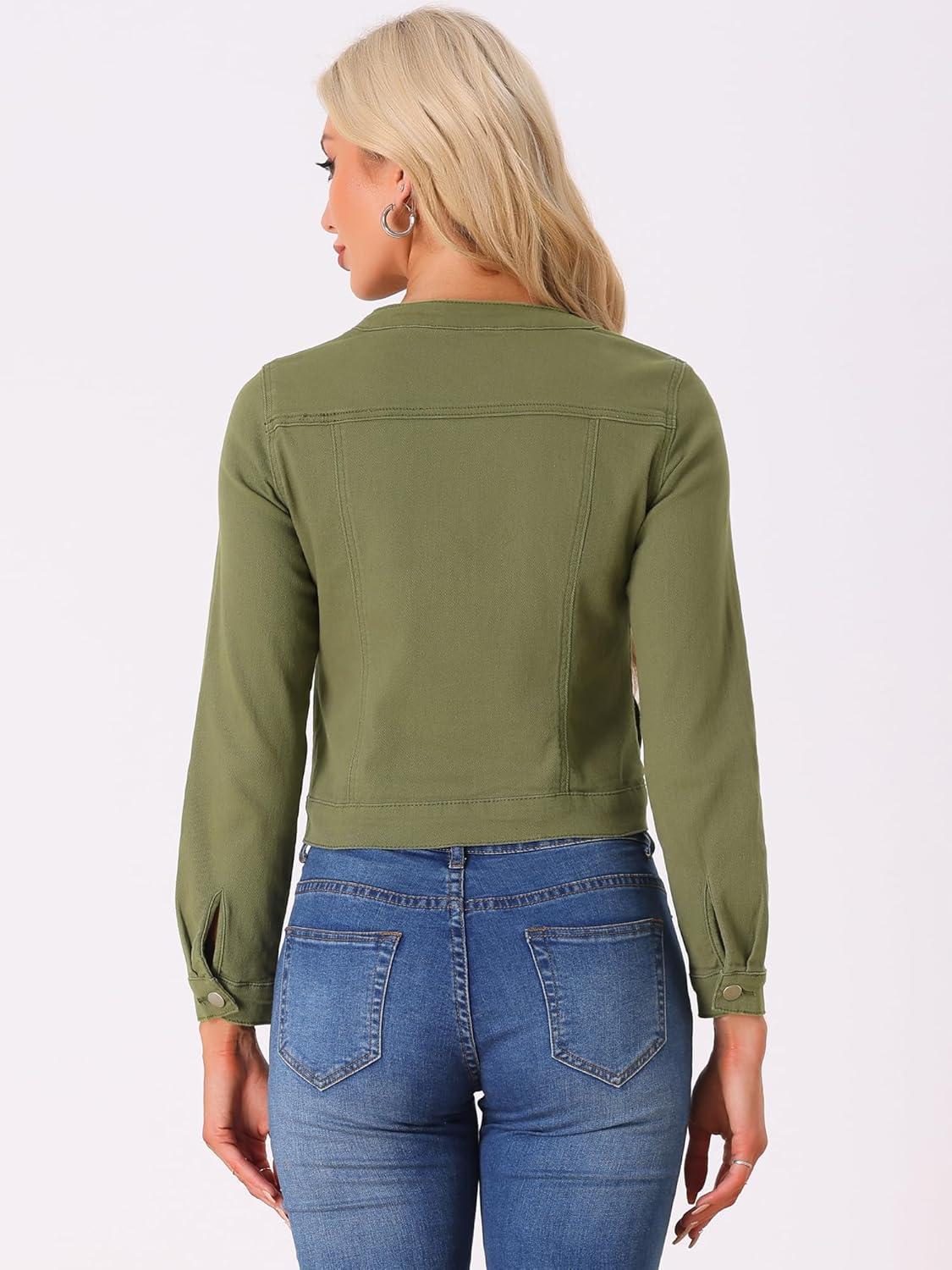 imageAllegra K Womens Denim Jacket Collarless Round Neck Button Down Long Sleeve Jean JacketsArmy Green