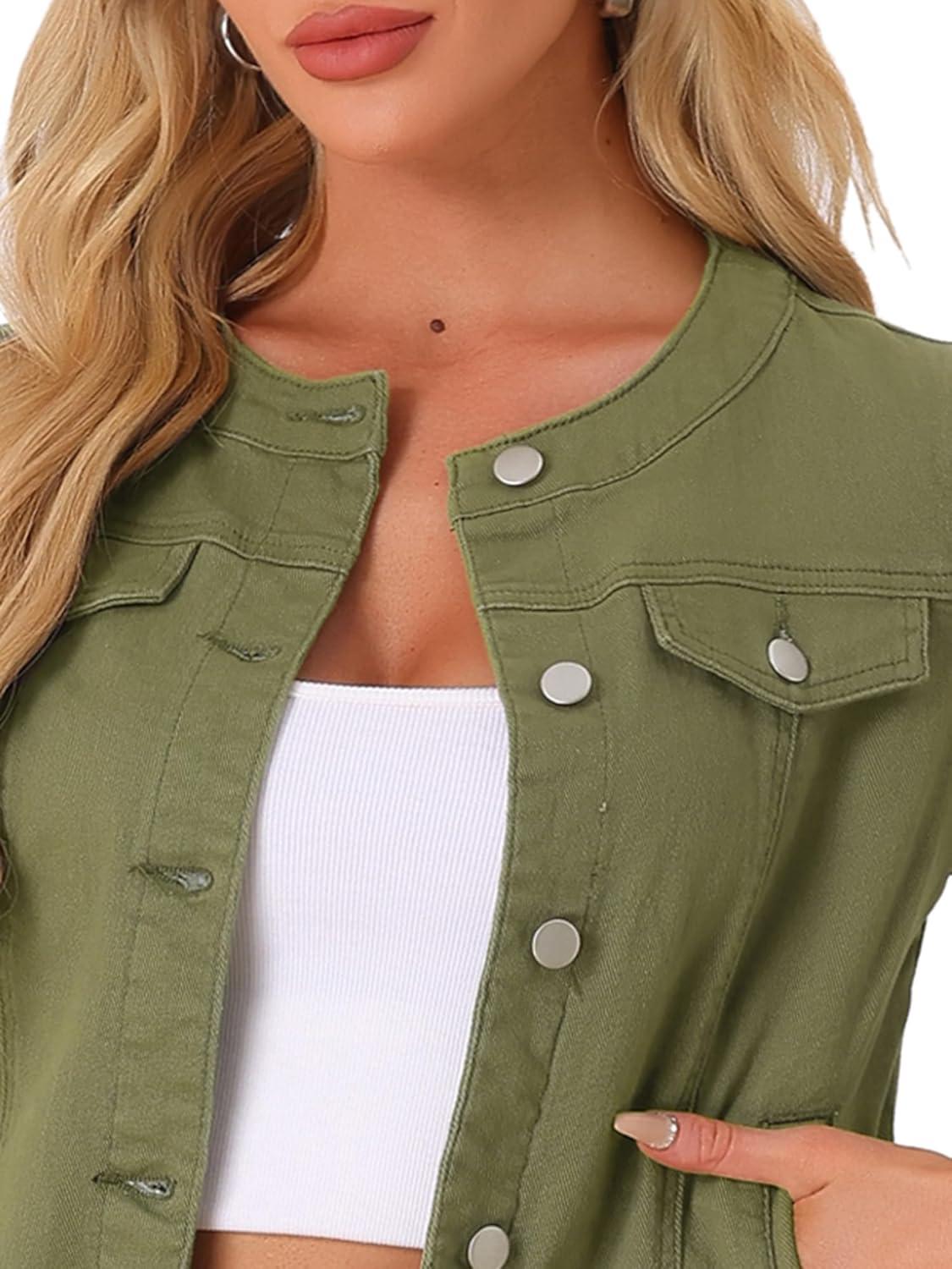 imageAllegra K Womens Denim Jacket Collarless Round Neck Button Down Long Sleeve Jean JacketsArmy Green