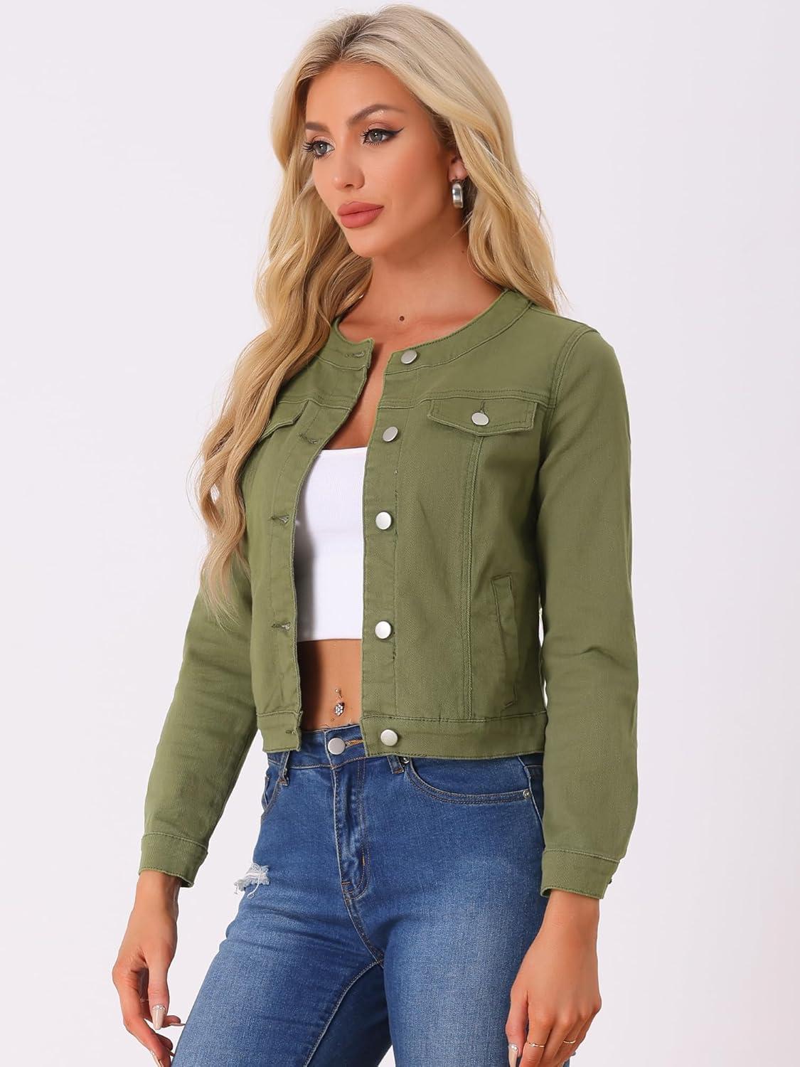 imageAllegra K Womens Denim Jacket Collarless Round Neck Button Down Long Sleeve Jean JacketsArmy Green