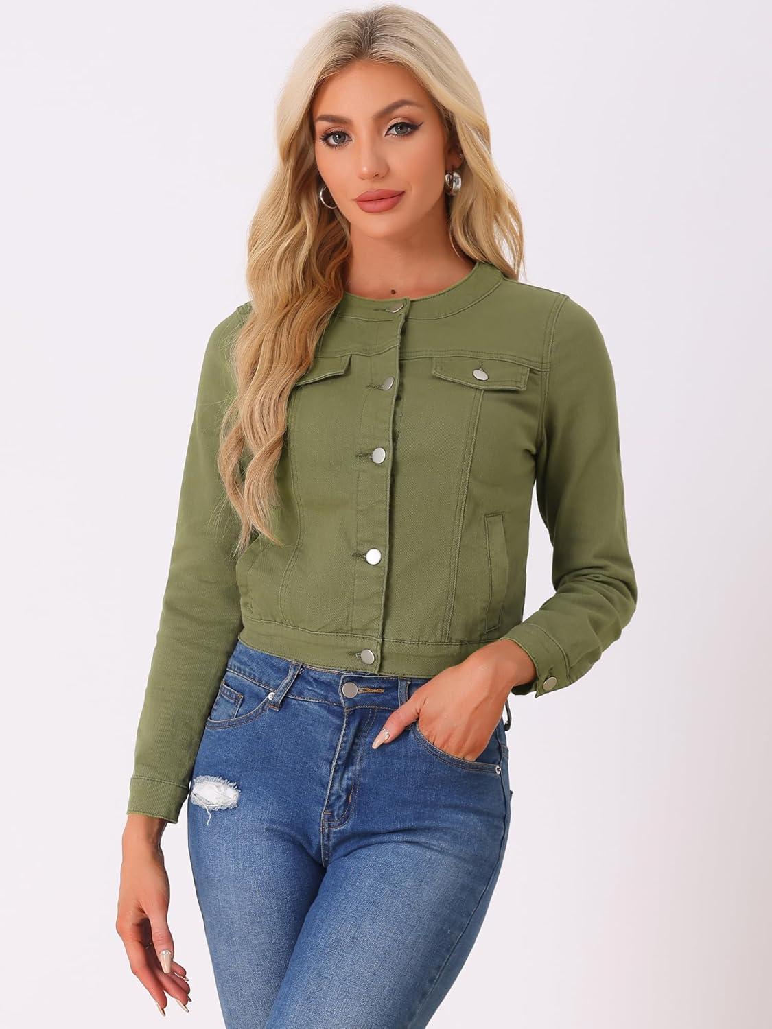 imageAllegra K Womens Denim Jacket Collarless Round Neck Button Down Long Sleeve Jean JacketsArmy Green