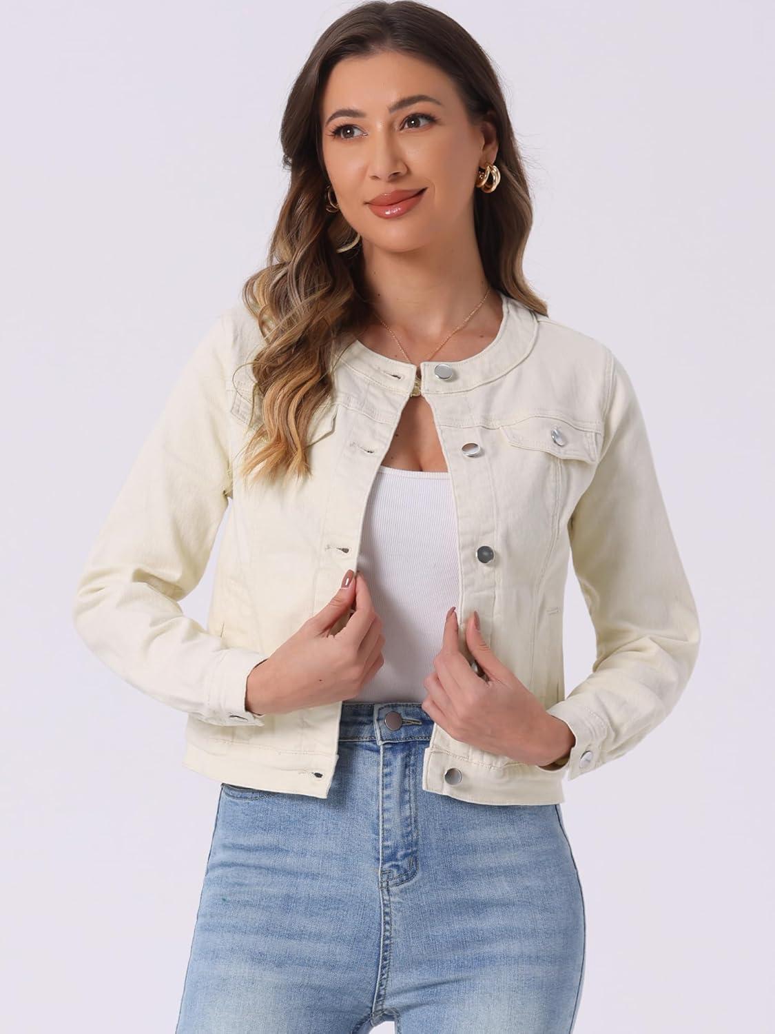imageAllegra K Womens Denim Jacket Collarless Round Neck Button Down Long Sleeve Jean JacketsBeige