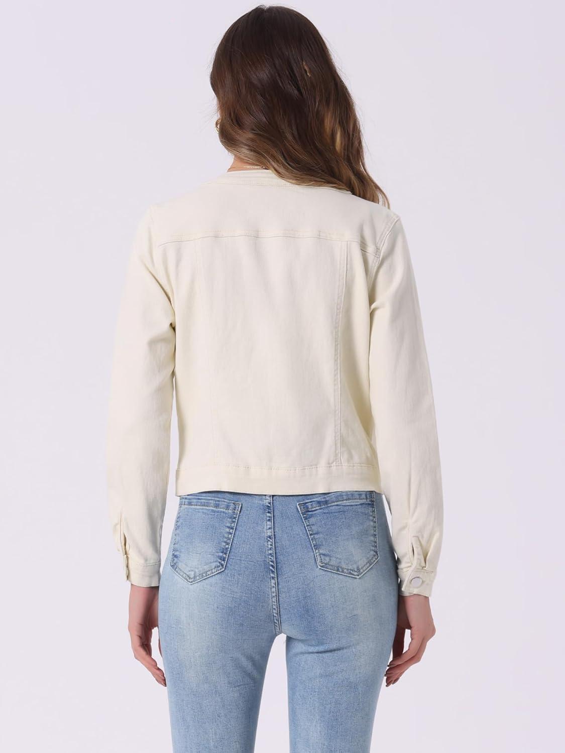 imageAllegra K Womens Denim Jacket Collarless Round Neck Button Down Long Sleeve Jean JacketsBeige