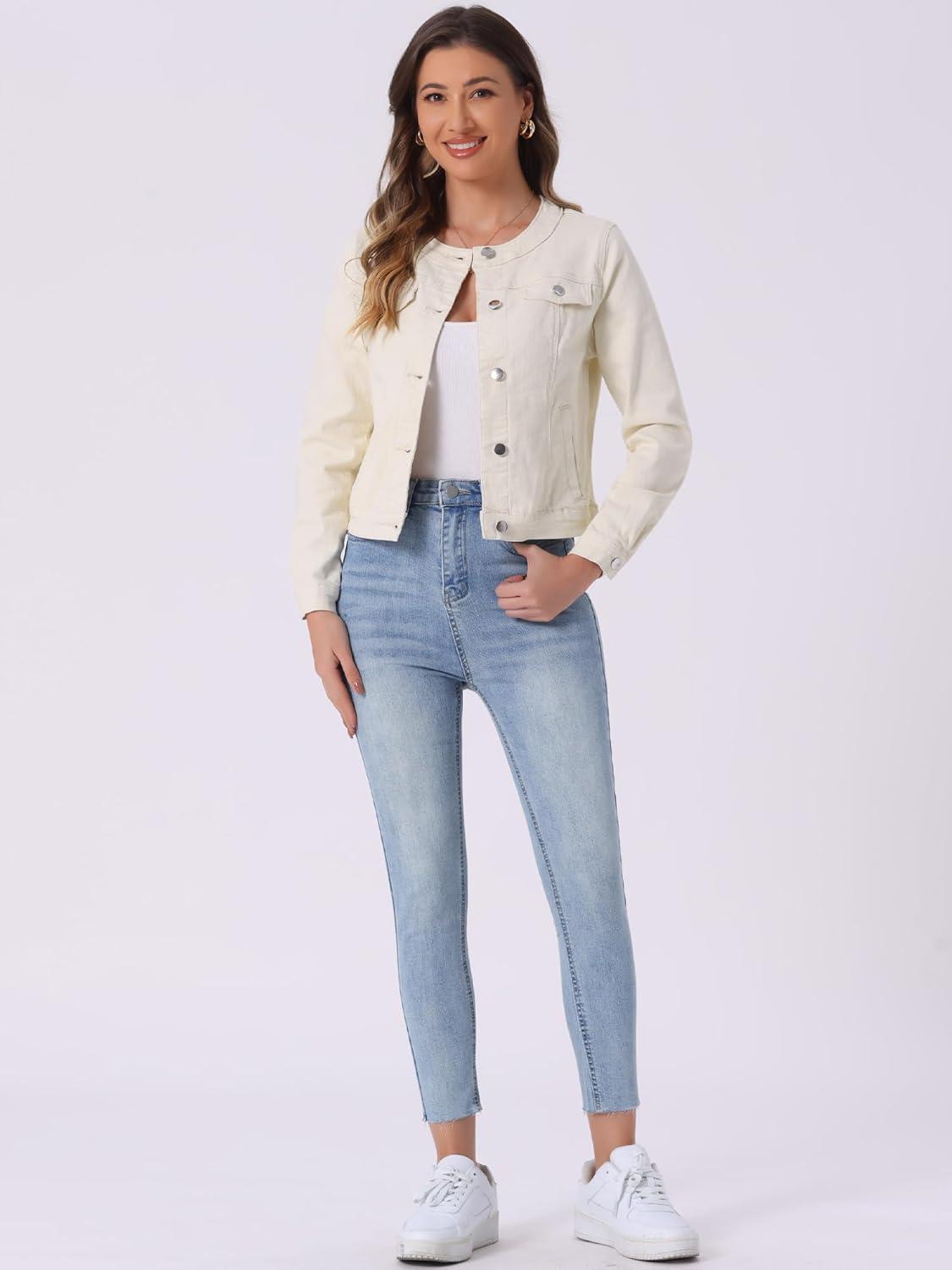 imageAllegra K Womens Denim Jacket Collarless Round Neck Button Down Long Sleeve Jean JacketsBeige