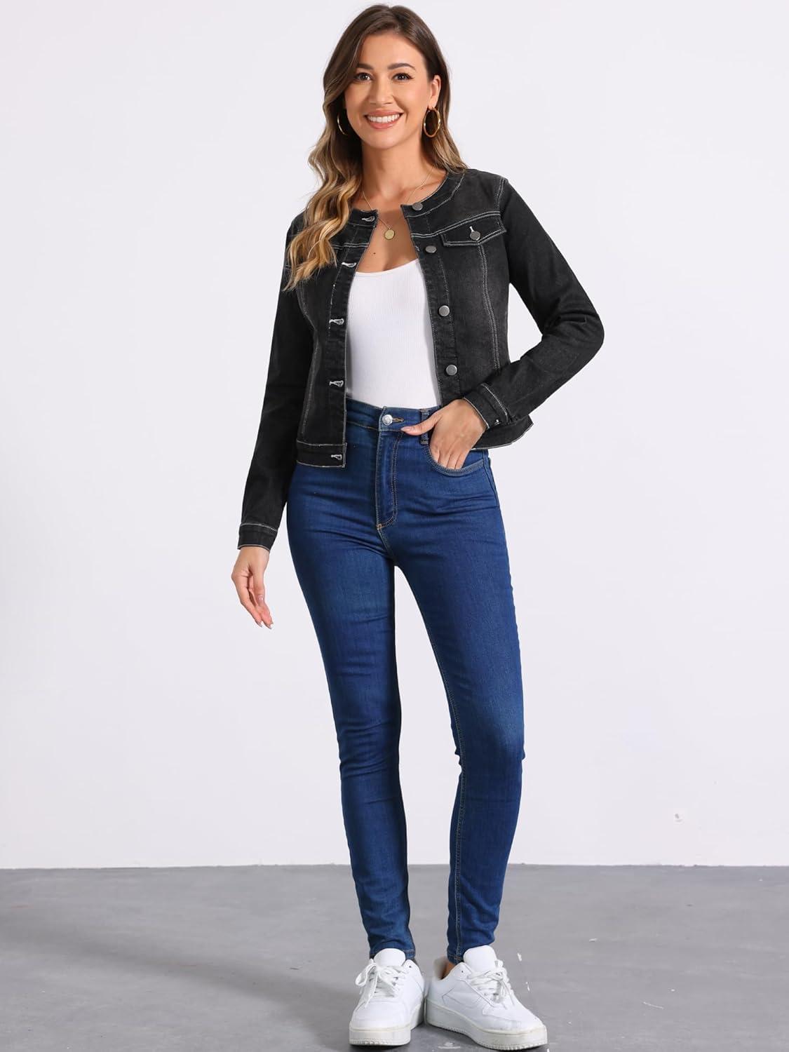 imageAllegra K Womens Denim Jacket Collarless Round Neck Button Down Long Sleeve Jean JacketsBlack