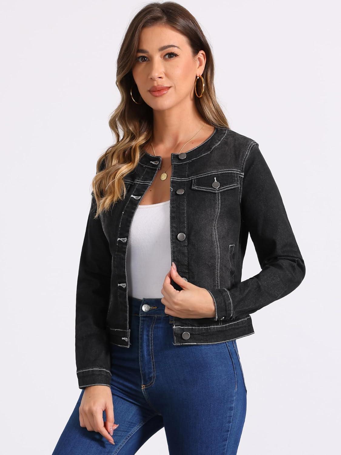 imageAllegra K Womens Denim Jacket Collarless Round Neck Button Down Long Sleeve Jean JacketsBlack