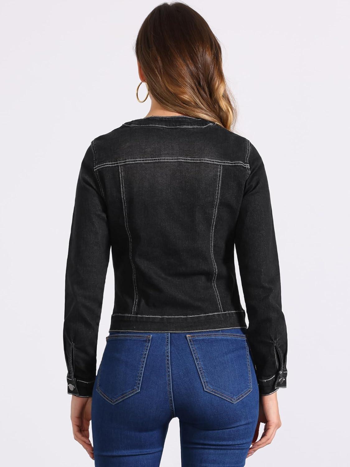 imageAllegra K Womens Denim Jacket Collarless Round Neck Button Down Long Sleeve Jean JacketsBlack