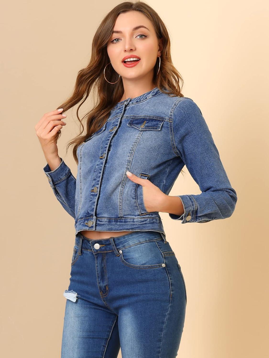 imageAllegra K Womens Denim Jacket Collarless Round Neck Button Down Long Sleeve Jean JacketsBlue