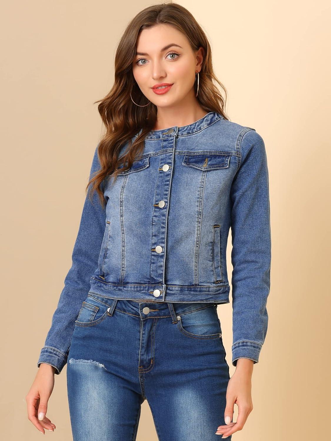 imageAllegra K Womens Denim Jacket Collarless Round Neck Button Down Long Sleeve Jean JacketsBlue