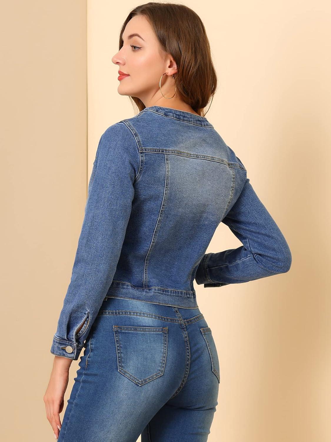 imageAllegra K Womens Denim Jacket Collarless Round Neck Button Down Long Sleeve Jean JacketsBlue