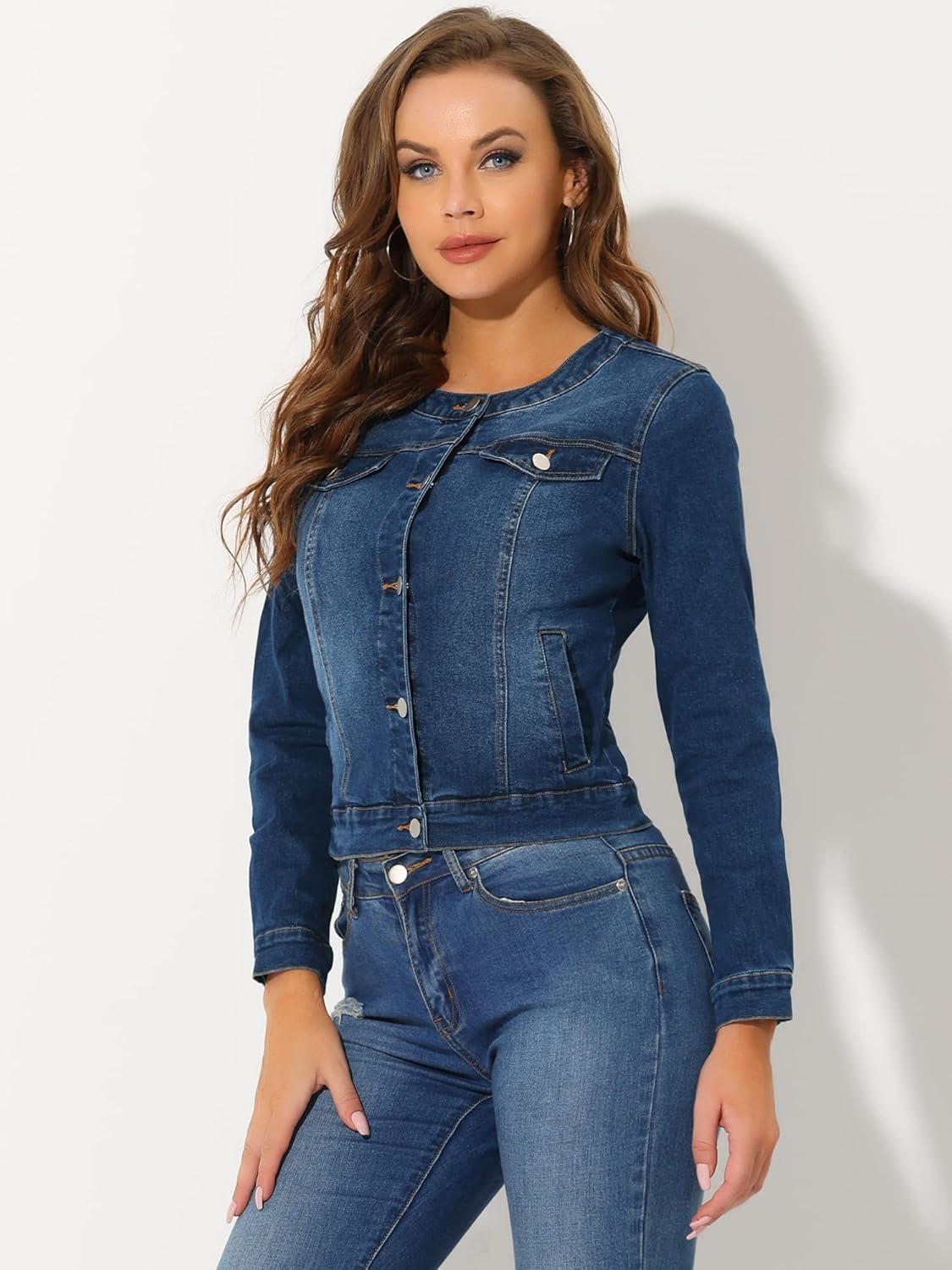 imageAllegra K Womens Denim Jacket Collarless Round Neck Button Down Long Sleeve Jean JacketsDark Blue