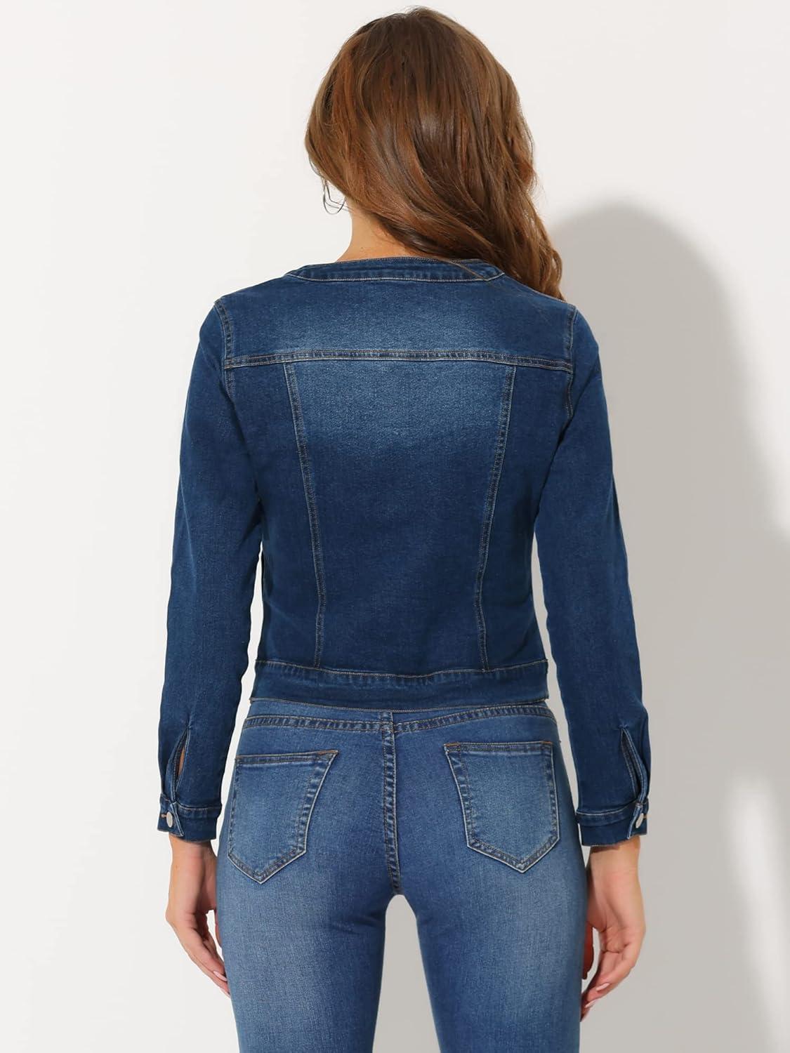 imageAllegra K Womens Denim Jacket Collarless Round Neck Button Down Long Sleeve Jean JacketsDark Blue