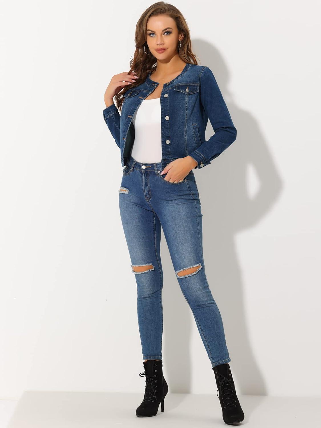 imageAllegra K Womens Denim Jacket Collarless Round Neck Button Down Long Sleeve Jean JacketsDark Blue