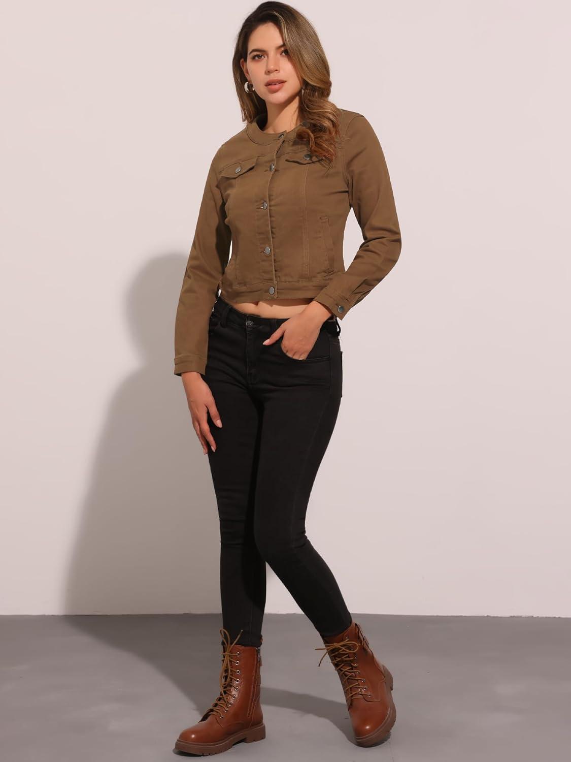 imageAllegra K Womens Denim Jacket Collarless Round Neck Button Down Long Sleeve Jean JacketsDark Brown