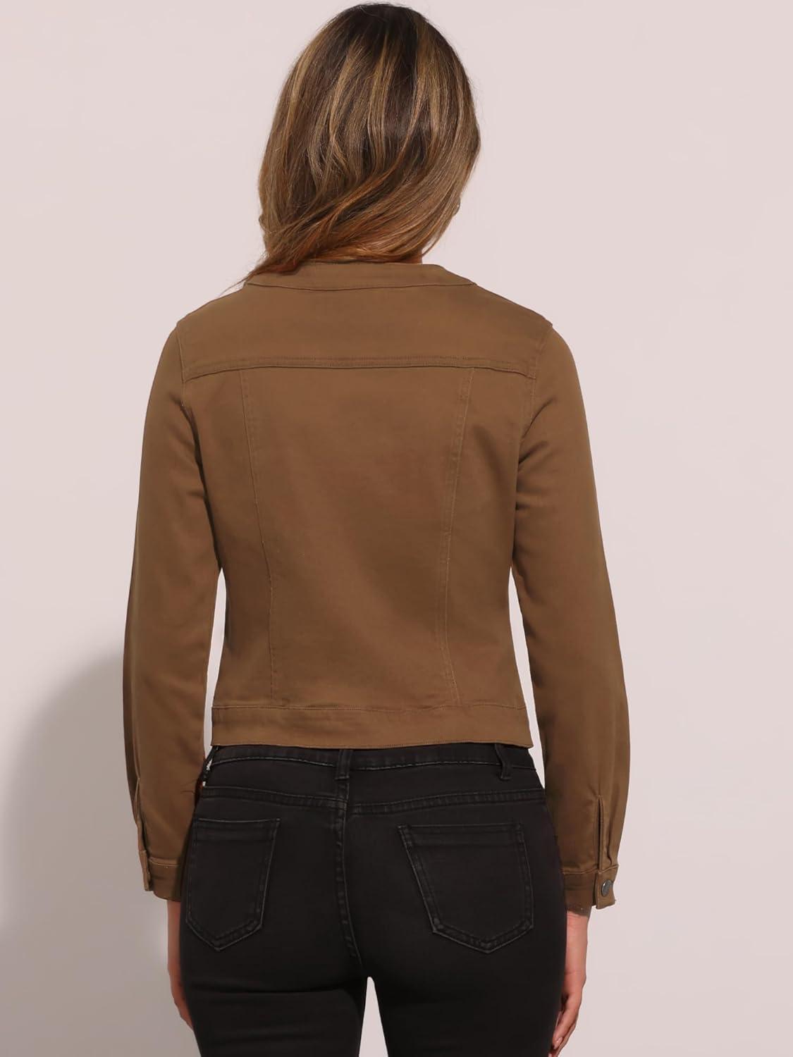 imageAllegra K Womens Denim Jacket Collarless Round Neck Button Down Long Sleeve Jean JacketsDark Brown