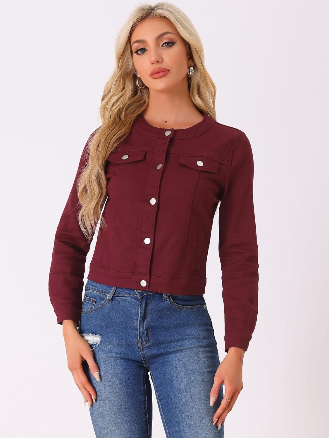 imageAllegra K Womens Denim Jacket Collarless Round Neck Button Down Long Sleeve Jean JacketsDark Red